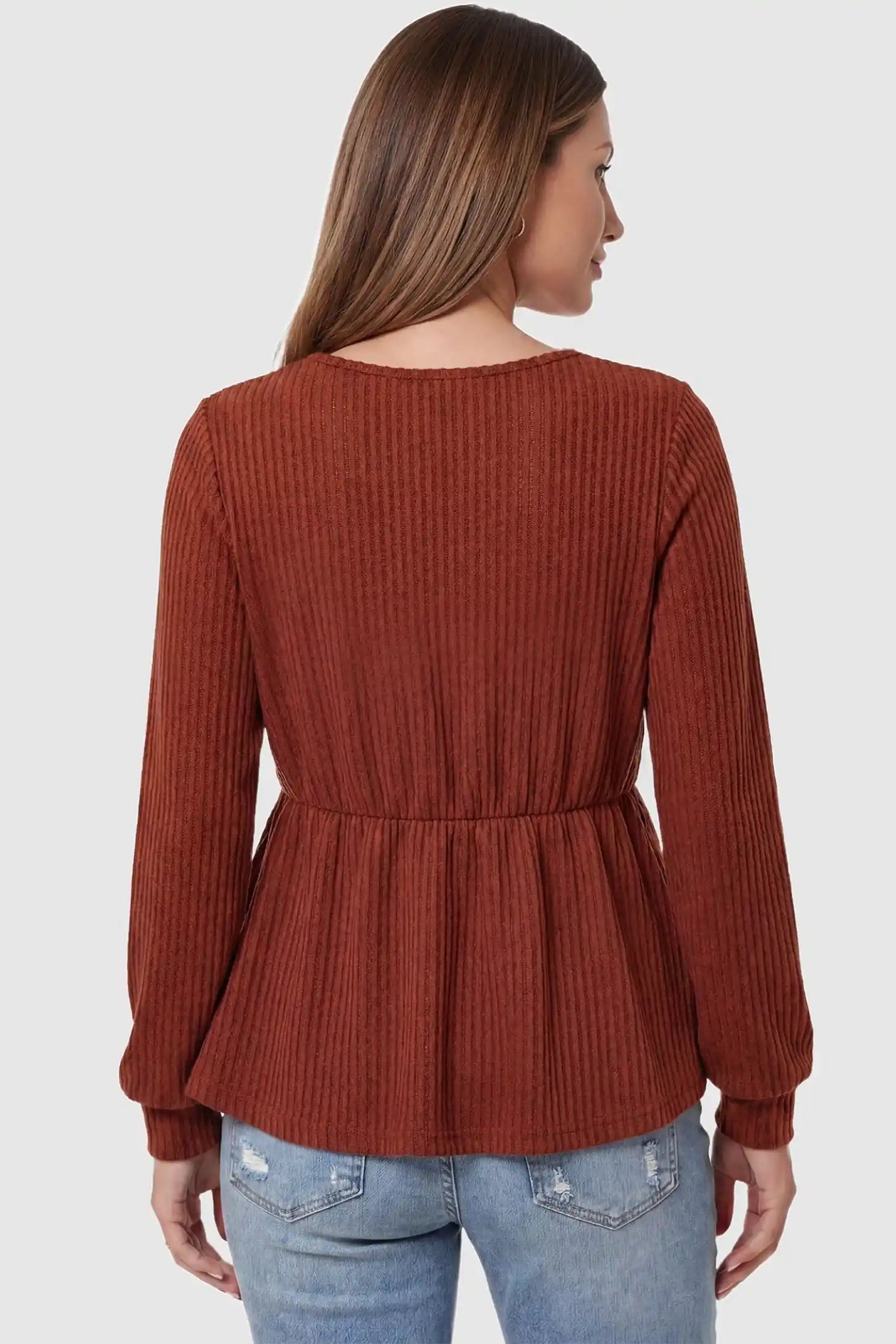 Ribbed Knit Empire Waist Maternity Top Ribbed Knit Empire Waist Maternity Top in brown featuring a ribbed knit texture on a pregnant model back view.