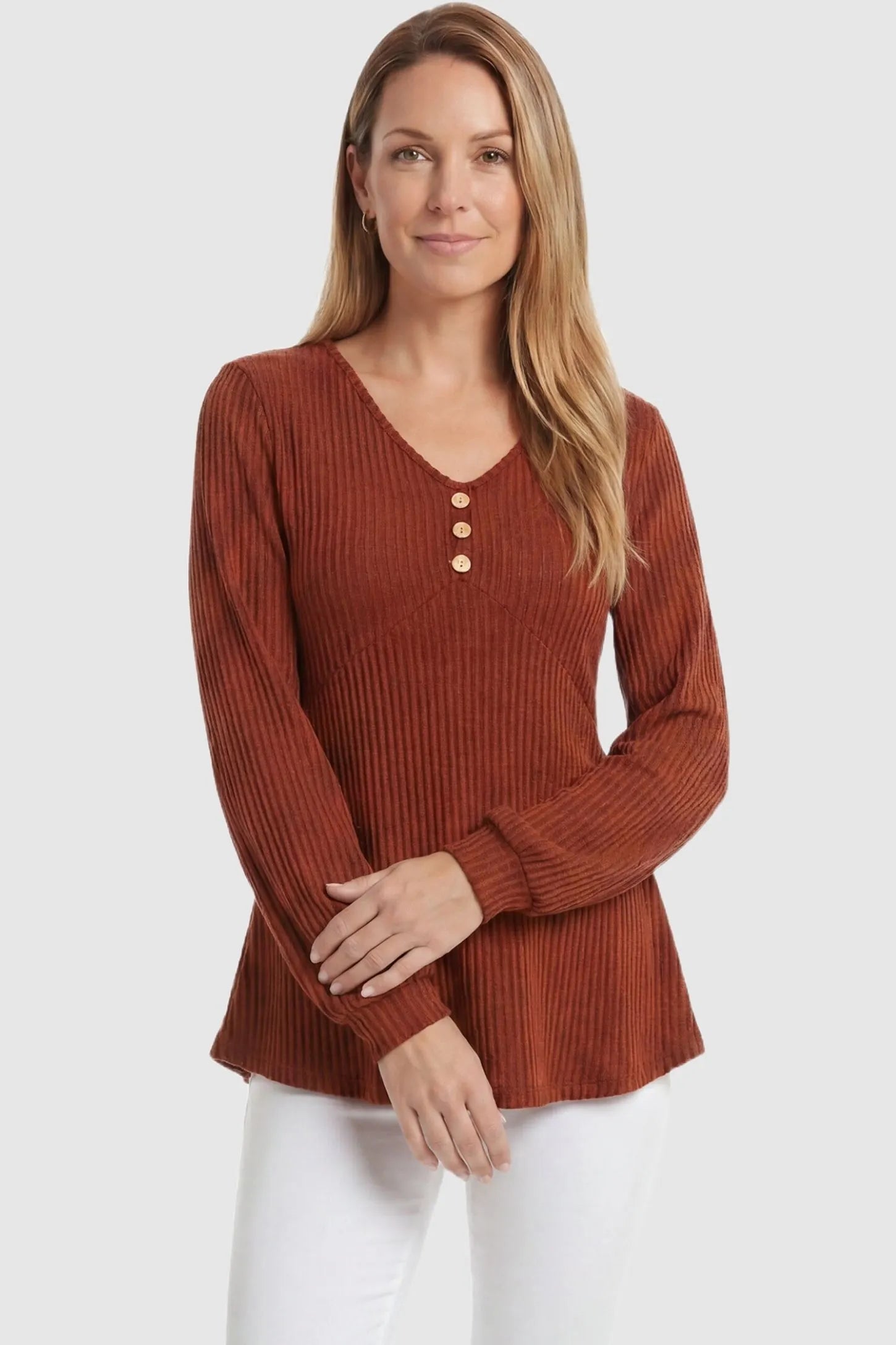 Ribbed Knit Empire Waist Maternity Top Ribbed Knit Empire Waist Maternity Top in brown featuring a v-neckline and ribbed knit texture on a non-pregnant model front view.