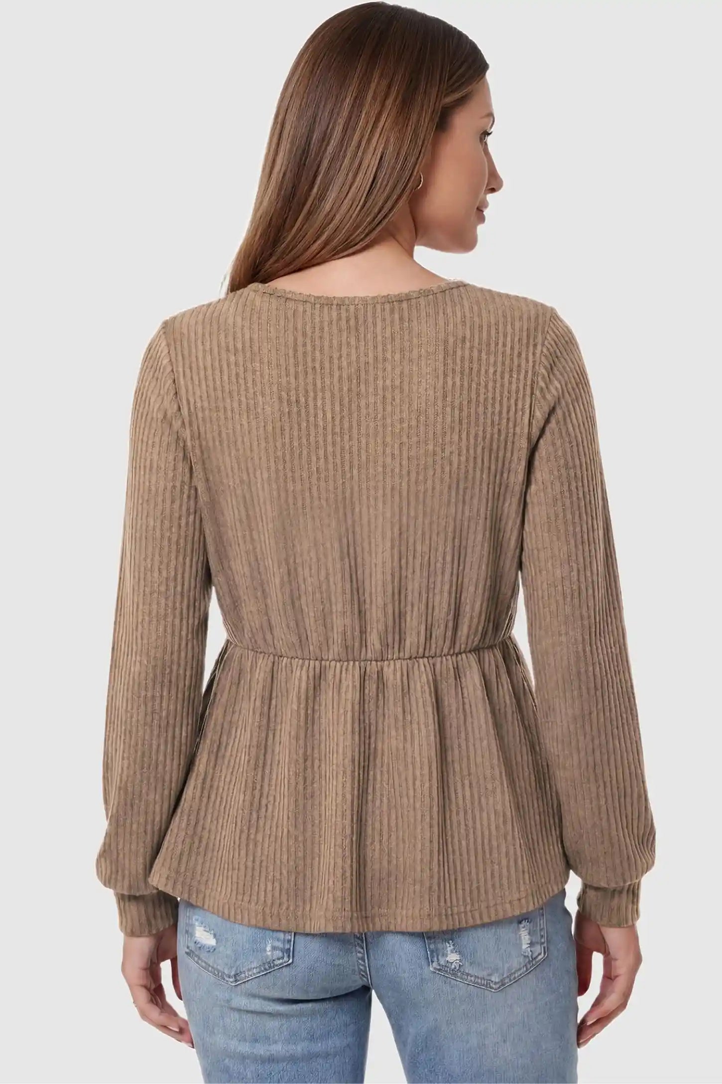 Ribbed Knit Empire Waist Maternity Top Ribbed Knit Empire Waist Maternity Top in khaki featuring a ribbed knit texture on a pregnant model back view.