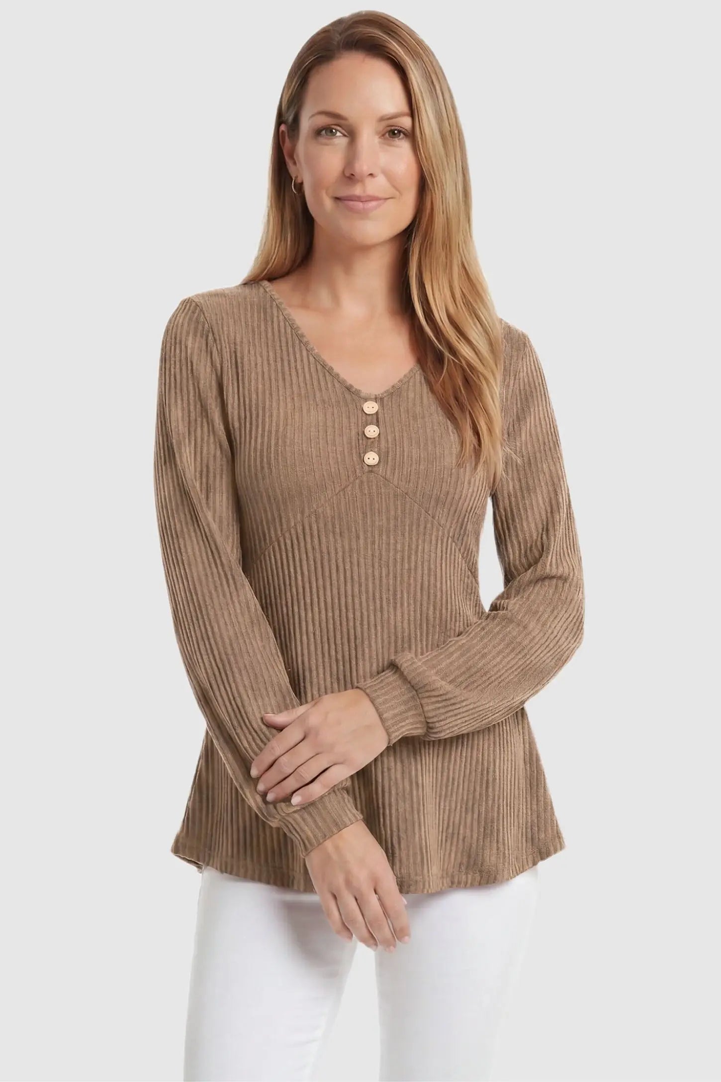 Ribbed Knit Empire Waist Maternity Top Ribbed Knit Empire Waist Maternity Top in khaki featuring a v-neckline and ribbed knit texture on a non-pregnant model front view.