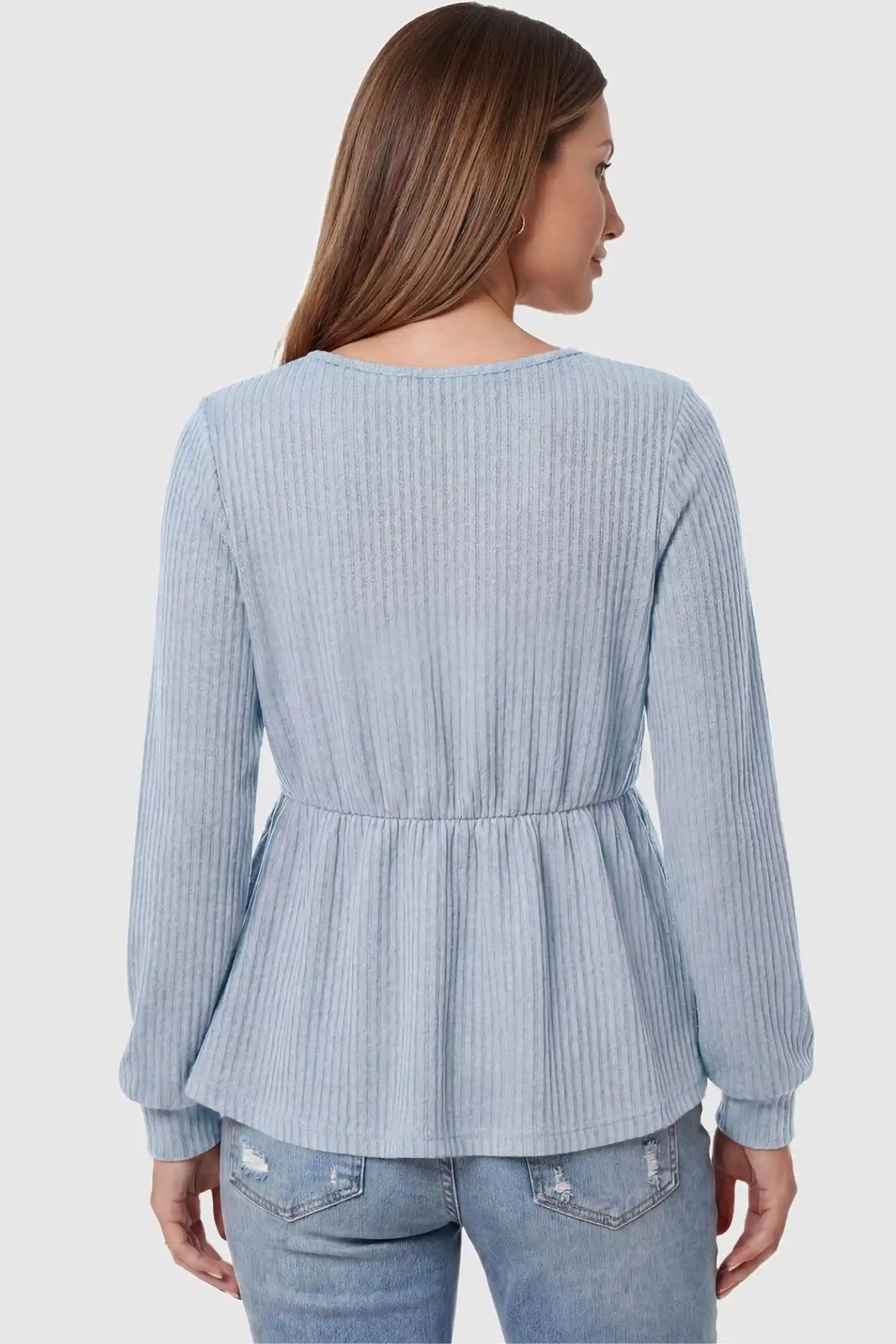 Ribbed Knit Empire Waist Maternity Top Ribbed Knit Empire Waist Maternity Top in light blue featuring a ribbed knit texture on a pregnant model back view.