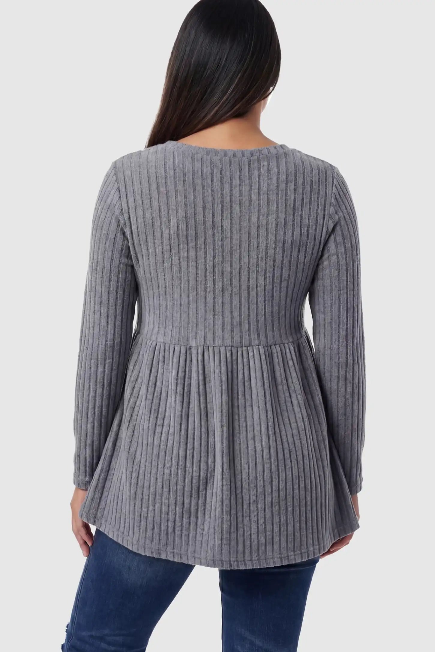 Ribbed Knit Long Sleeve Maternity Top Ribbed Knit Long Sleeve Maternity Top in Dark Gray featuring high-stretch fabric on a pregnant model showing back.