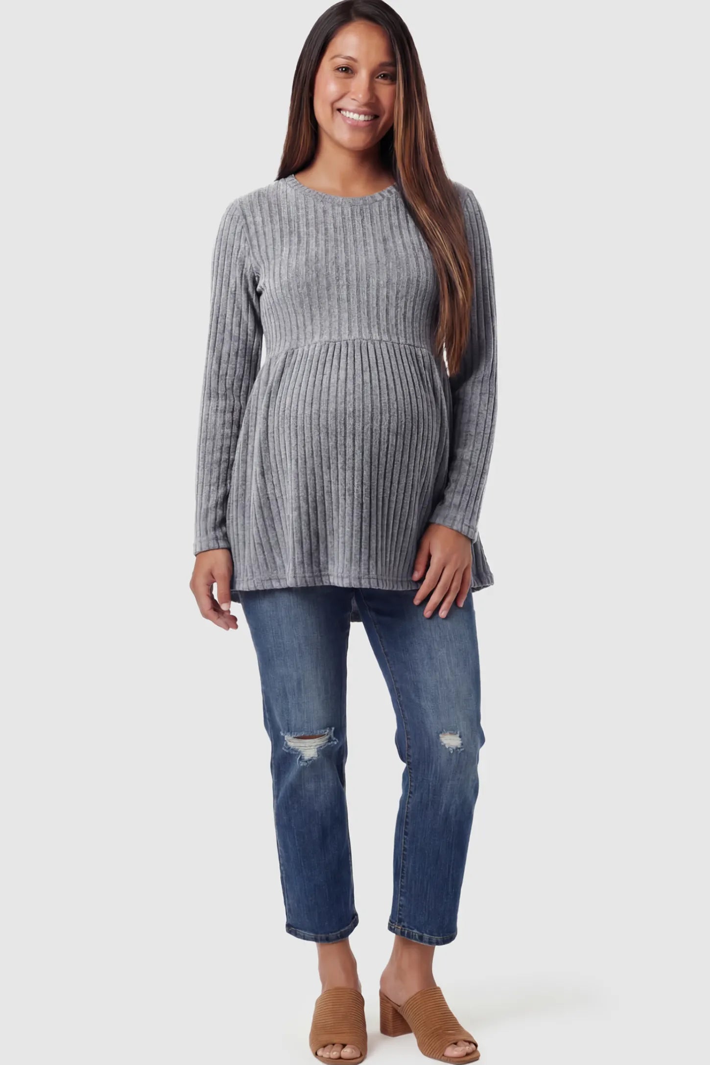 Ribbed Knit Long Sleeve Maternity Top Ribbed Knit Long Sleeve Maternity Top in Dark Gray featuring an empire waist and high-stretch fabric on a pregnant model.