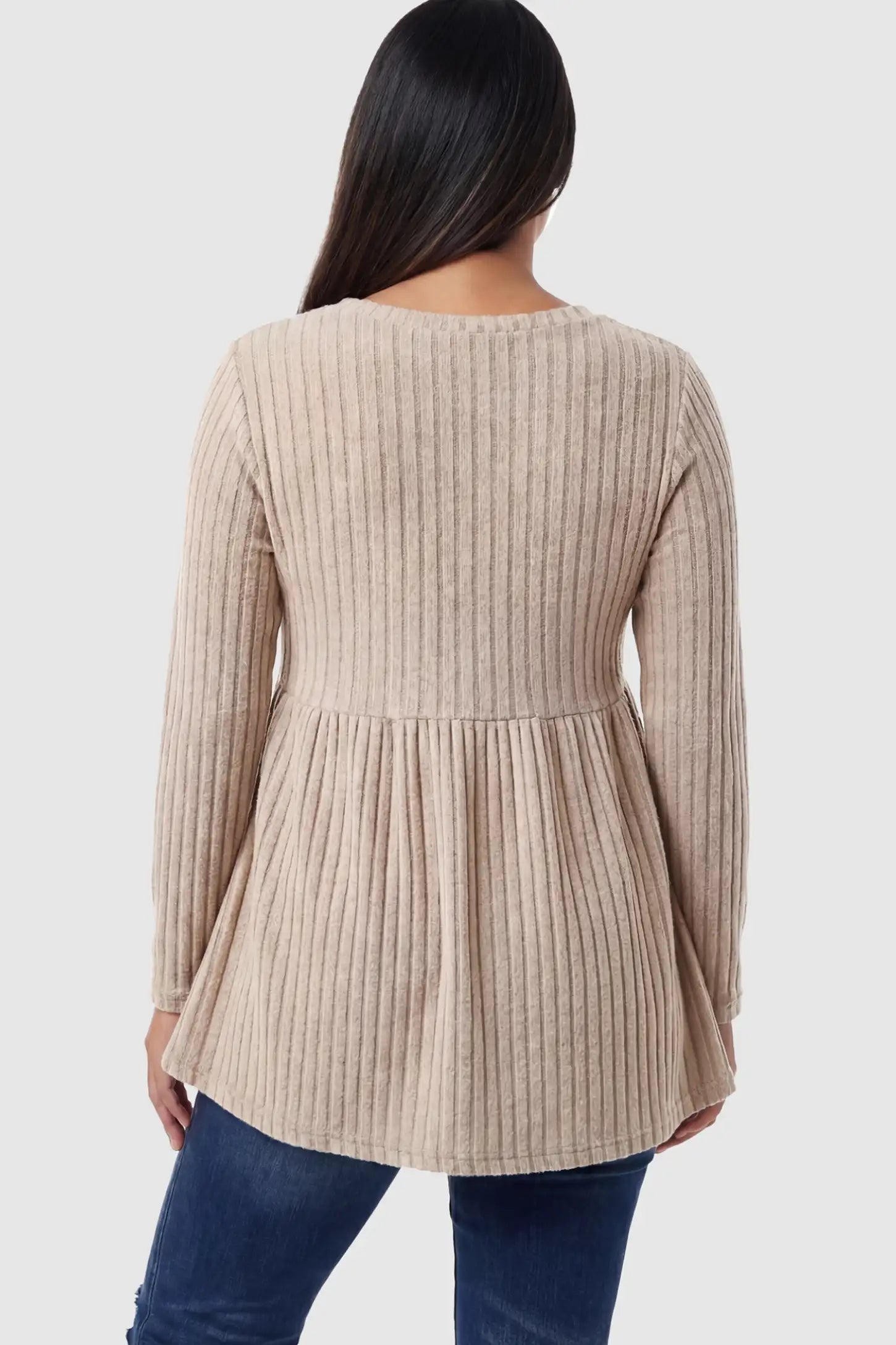 Ribbed Knit Long Sleeve Maternity Top Ribbed Knit Long Sleeve Maternity Top in Khali featuring high-stretch fabric on a pregnant model showing back.