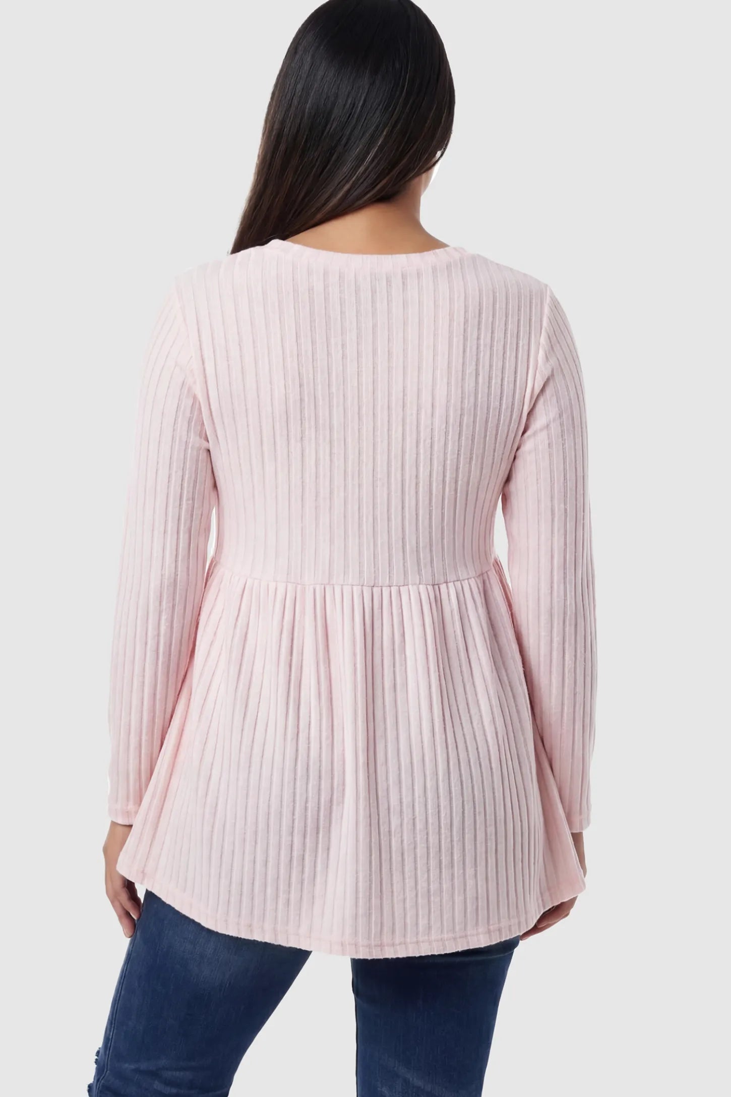 Ribbed Knit Long Sleeve Maternity Top Ribbed Knit Long Sleeve Maternity Top in Pink featuring high-stretch fabric on a pregnant model showing back.