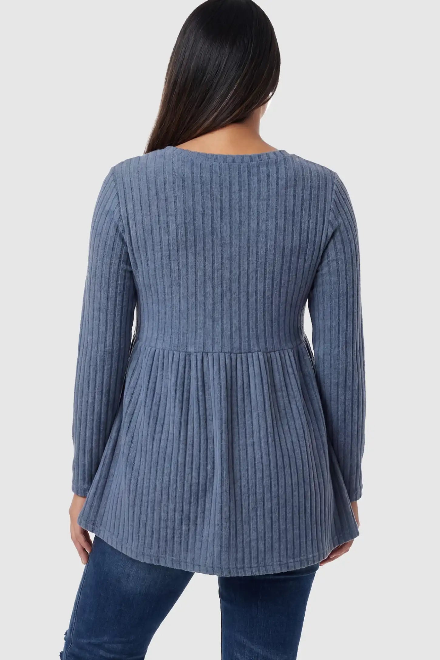 Ribbed Knit Long Sleeve Maternity Top Ribbed Knit Long Sleeve Maternity Top in Sea Blue featuring high-stretch fabric on a pregnant model showing back.
