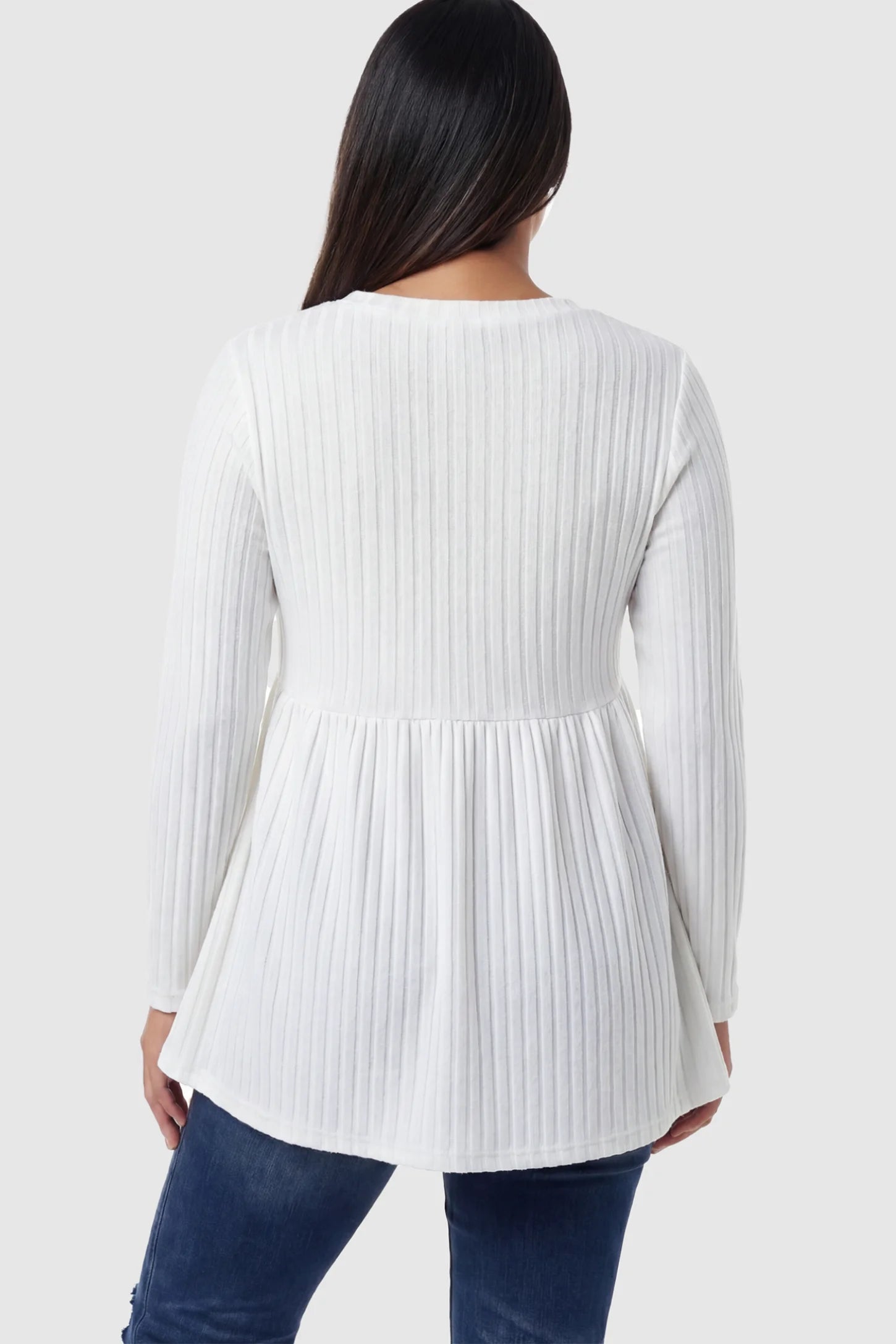 Ribbed Knit Long Sleeve Maternity Top Ribbed Knit Long Sleeve Maternity Top in White featuring high-stretch fabric on a pregnant model showing back.