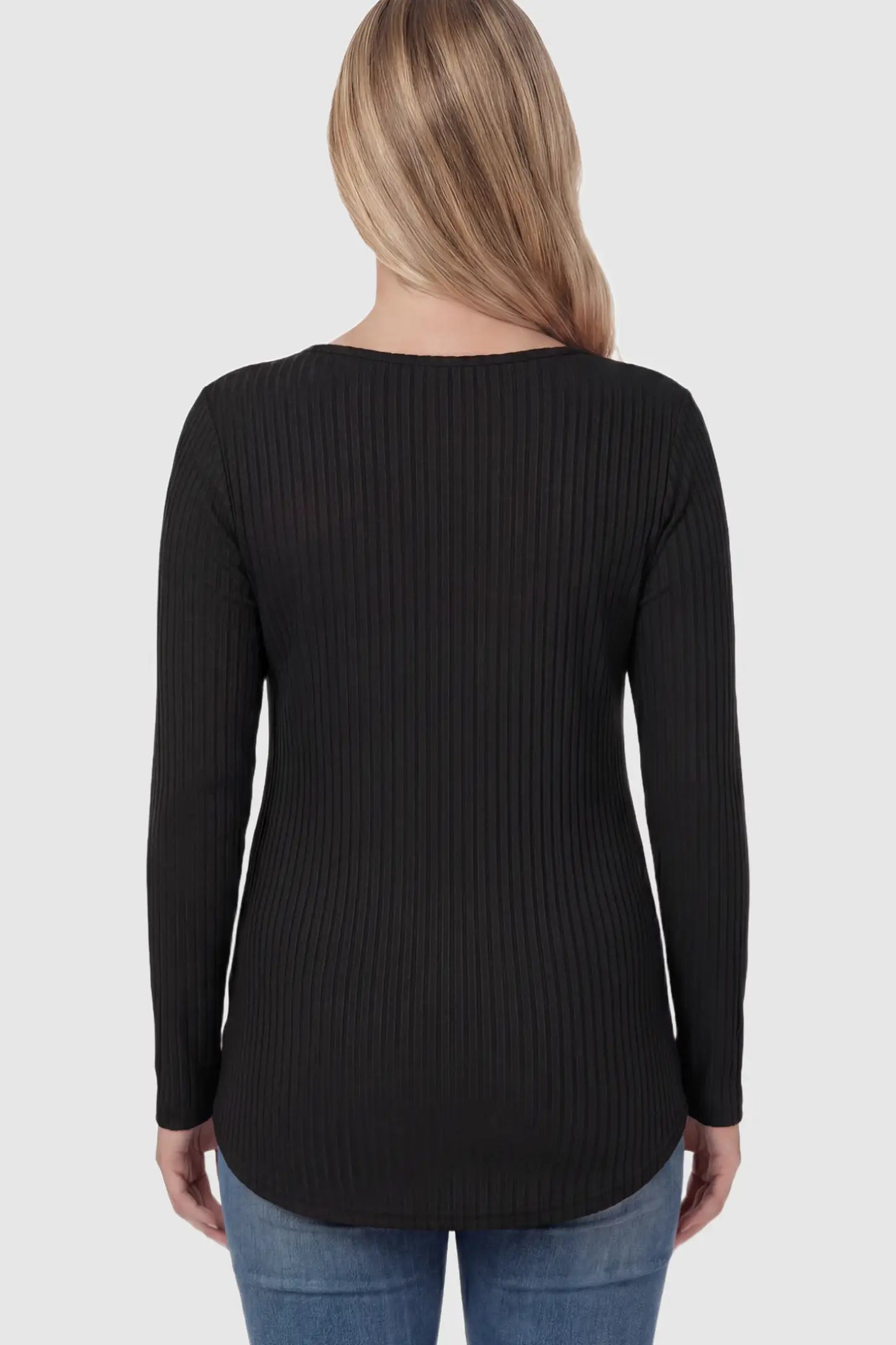 Ribbed Knit Long Sleeve Side Slit Maternity Top Ribbed Knit Side Slit Maternity Top in Black featuring high-stretch fabric on a pregnant model showing back.