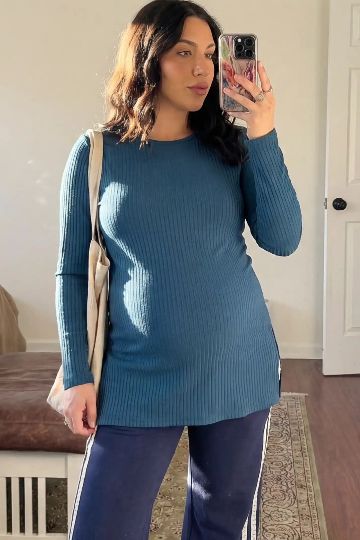 Ribbed Knit Long Sleeve Side Slit Maternity Top Ribbed Knit Side Slit Maternity Top in Blue featuring high-stretch fabric and tunic length on a pregnant model.