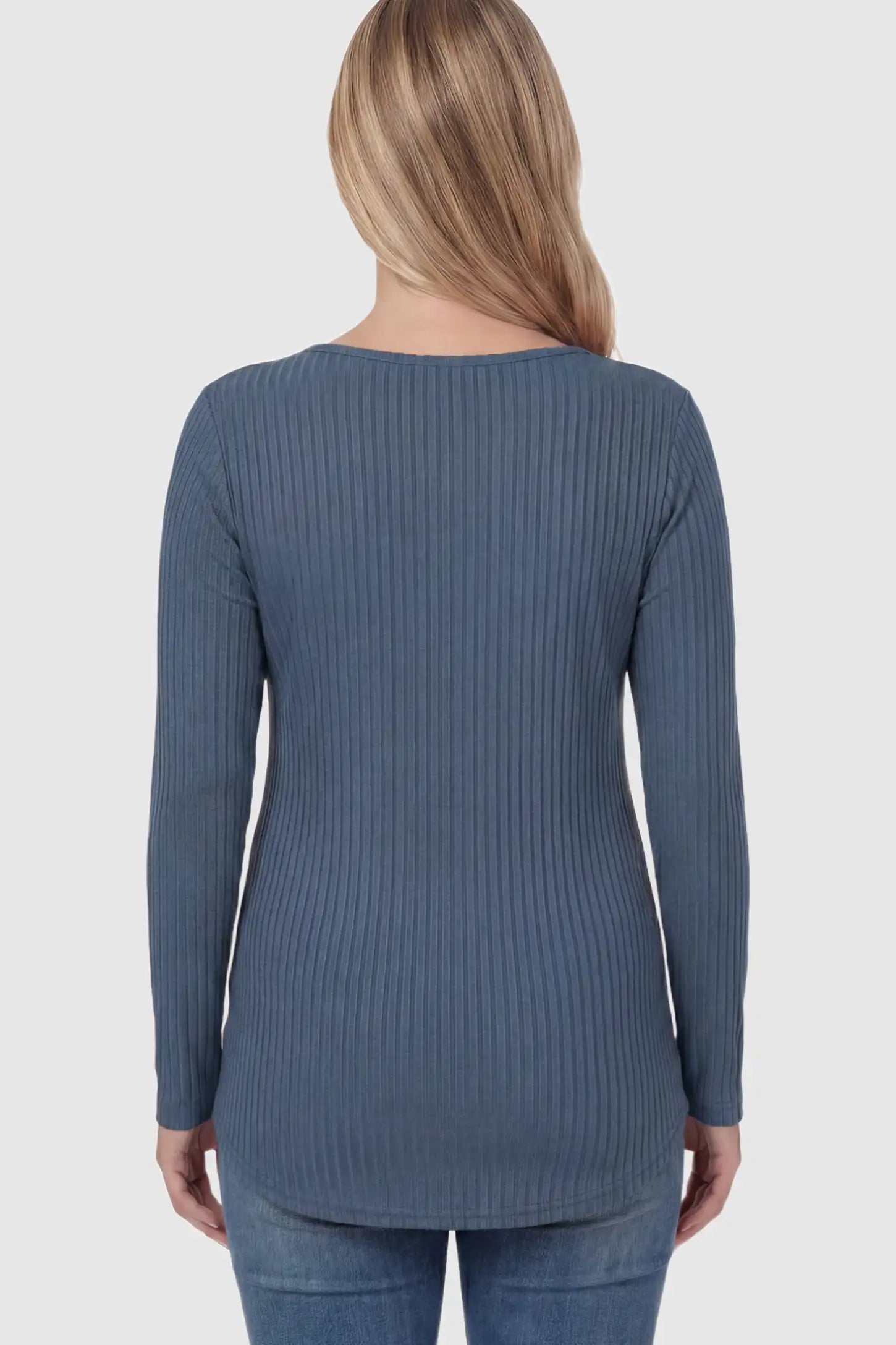 Ribbed Knit Long Sleeve Side Slit Maternity Top Ribbed Knit Side Slit Maternity Top in Blue featuring high-stretch fabric on a pregnant model showing back.