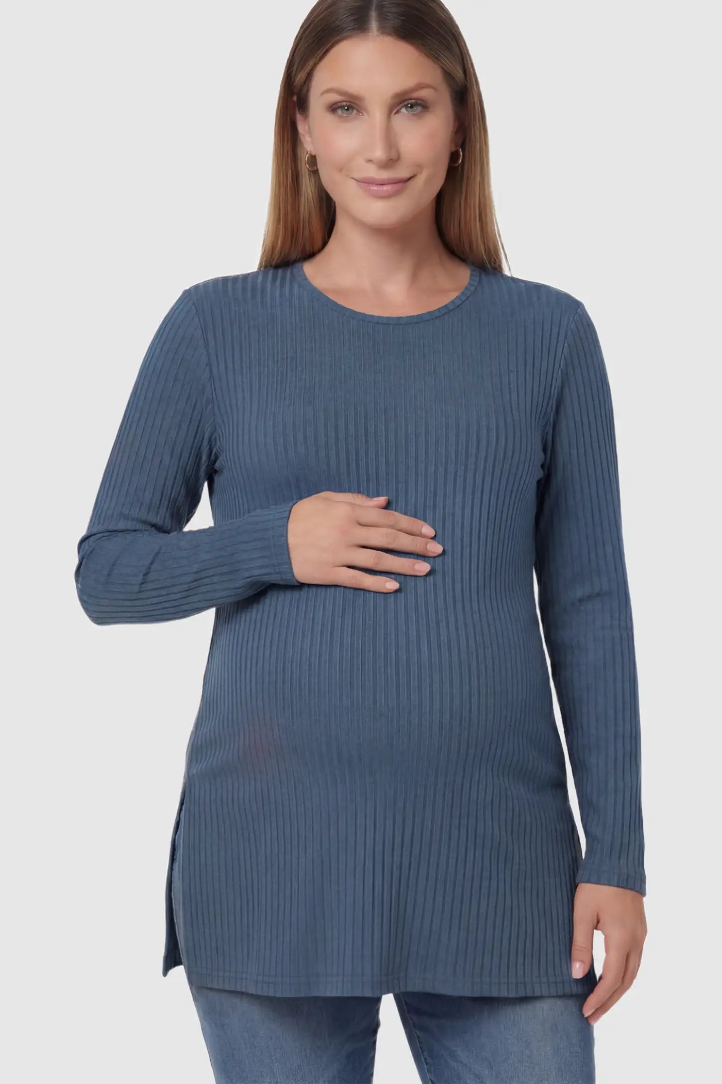 Ribbed Knit Long Sleeve Side Slit Maternity Top Ribbed Knit Side Slit Maternity Top in Blue featuring high-stretch fabric and tunic length on a pregnant model posing front.