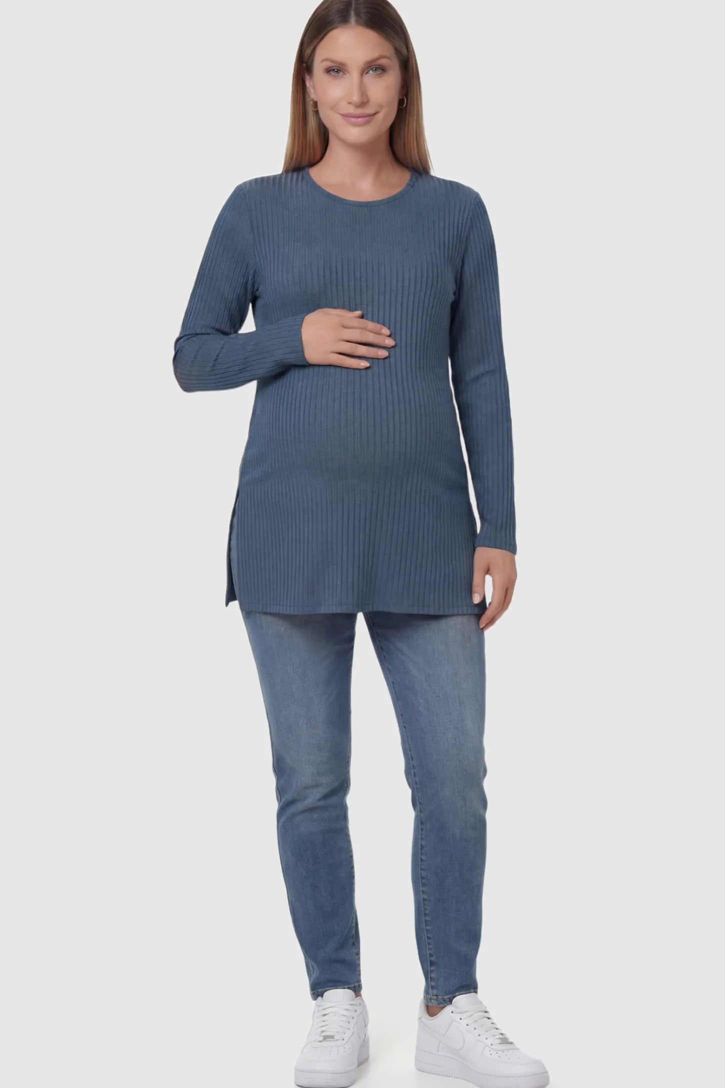 Ribbed Knit Long Sleeve Side Slit Maternity Top Ribbed Knit Side Slit Maternity Top in Blue featuring high-stretch fabric and tunic length on a pregnant model showing front.