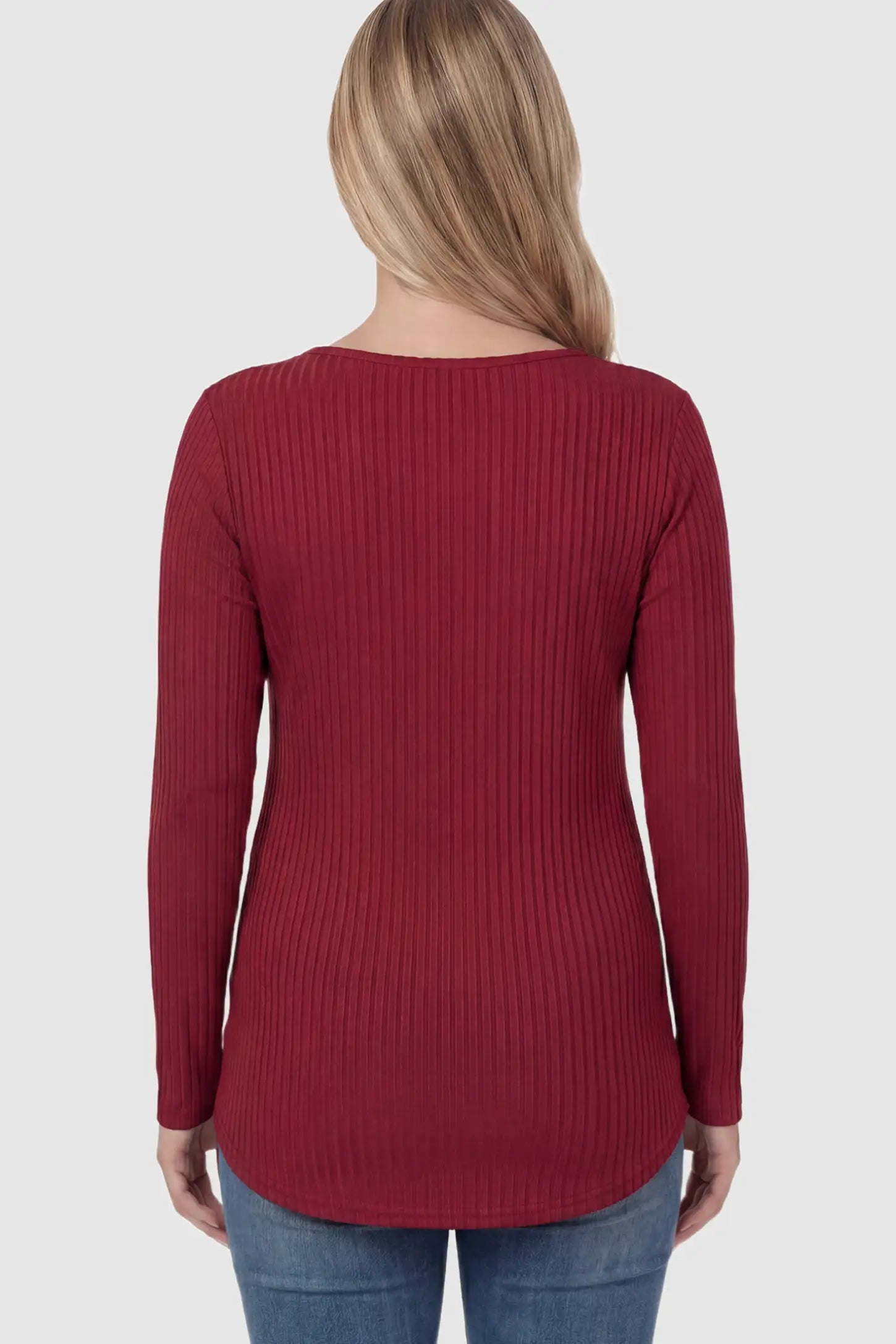 Ribbed Knit Long Sleeve Side Slit Maternity Top Ribbed Knit Side Slit Maternity Top in Burgundy featuring high-stretch fabric on a pregnant model showing back.