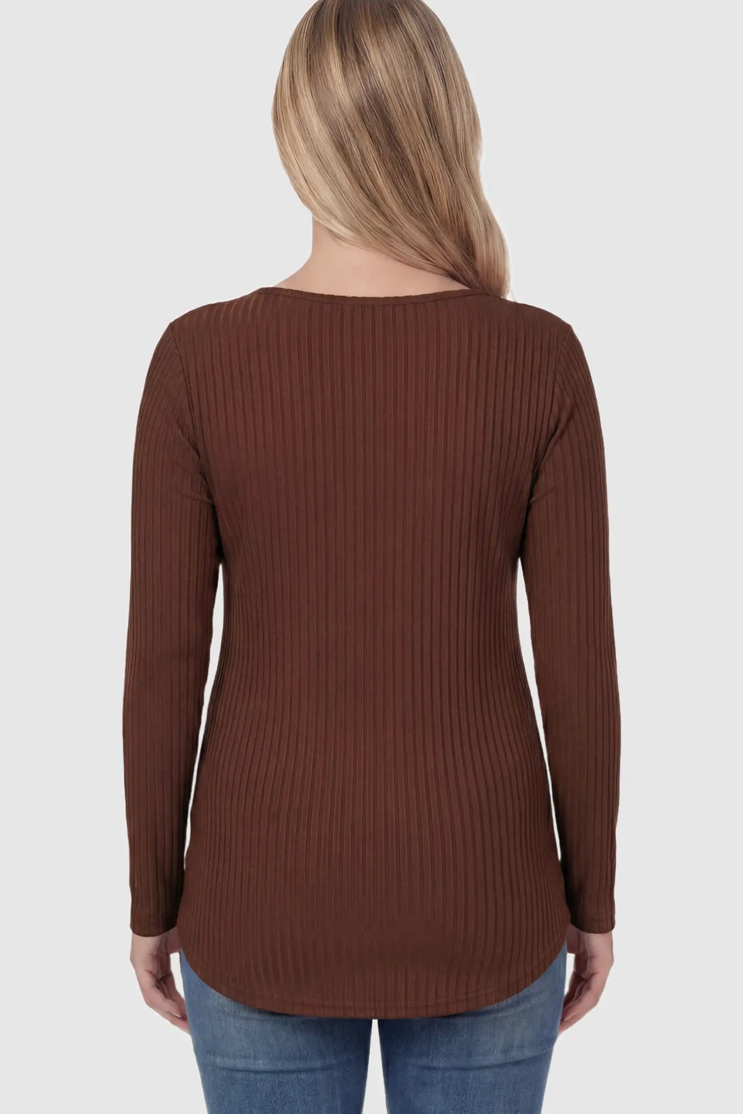 Ribbed Knit Long Sleeve Side Slit Maternity Top Ribbed Knit Side Slit Maternity Top in Dark Brown featuring high-stretch fabric on a pregnant model showing back.