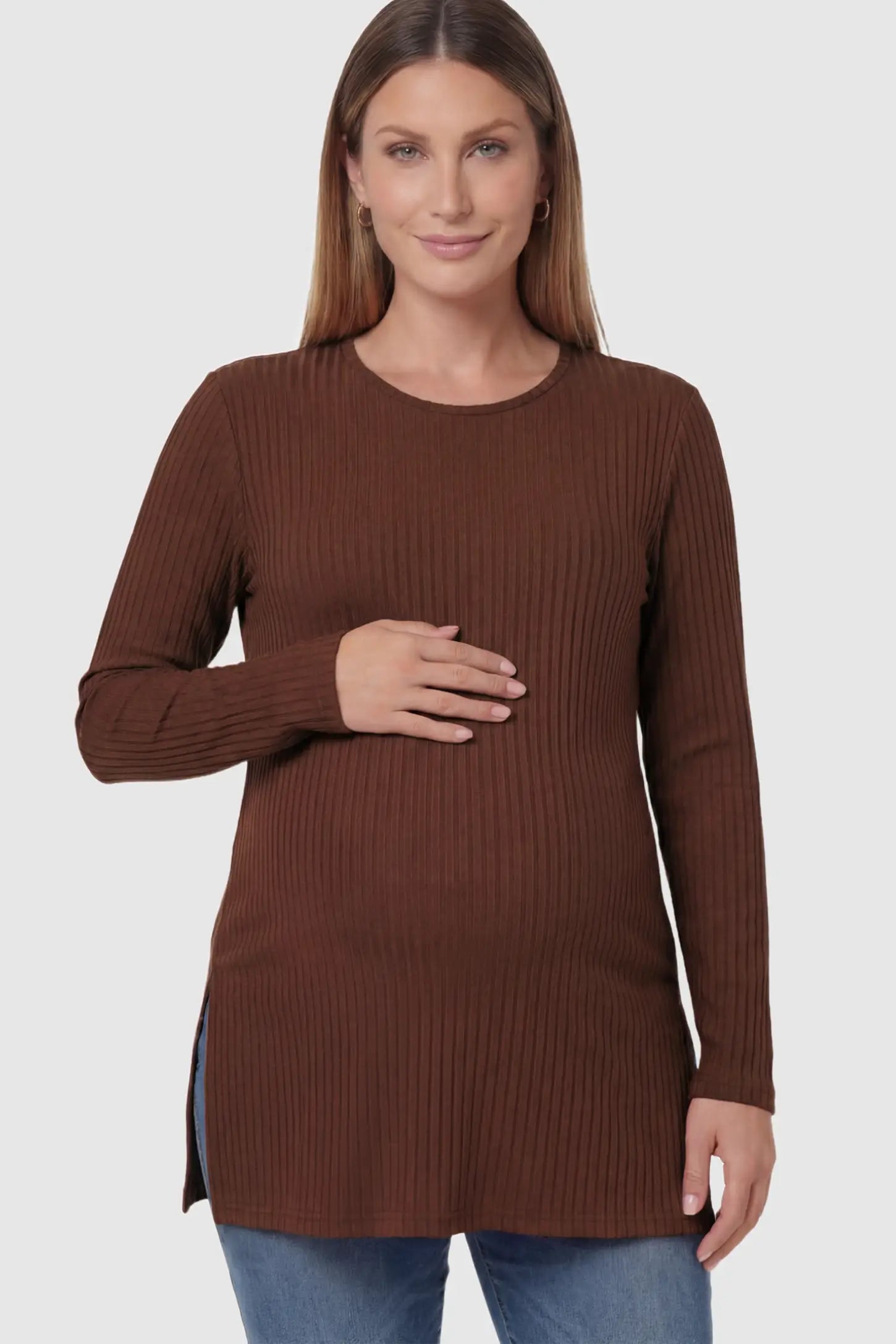 Ribbed Knit Long Sleeve Side Slit Maternity Top Ribbed Knit Side Slit Maternity Top in Dark Brown featuring high-stretch fabric and tunic length on a pregnant model posing front.