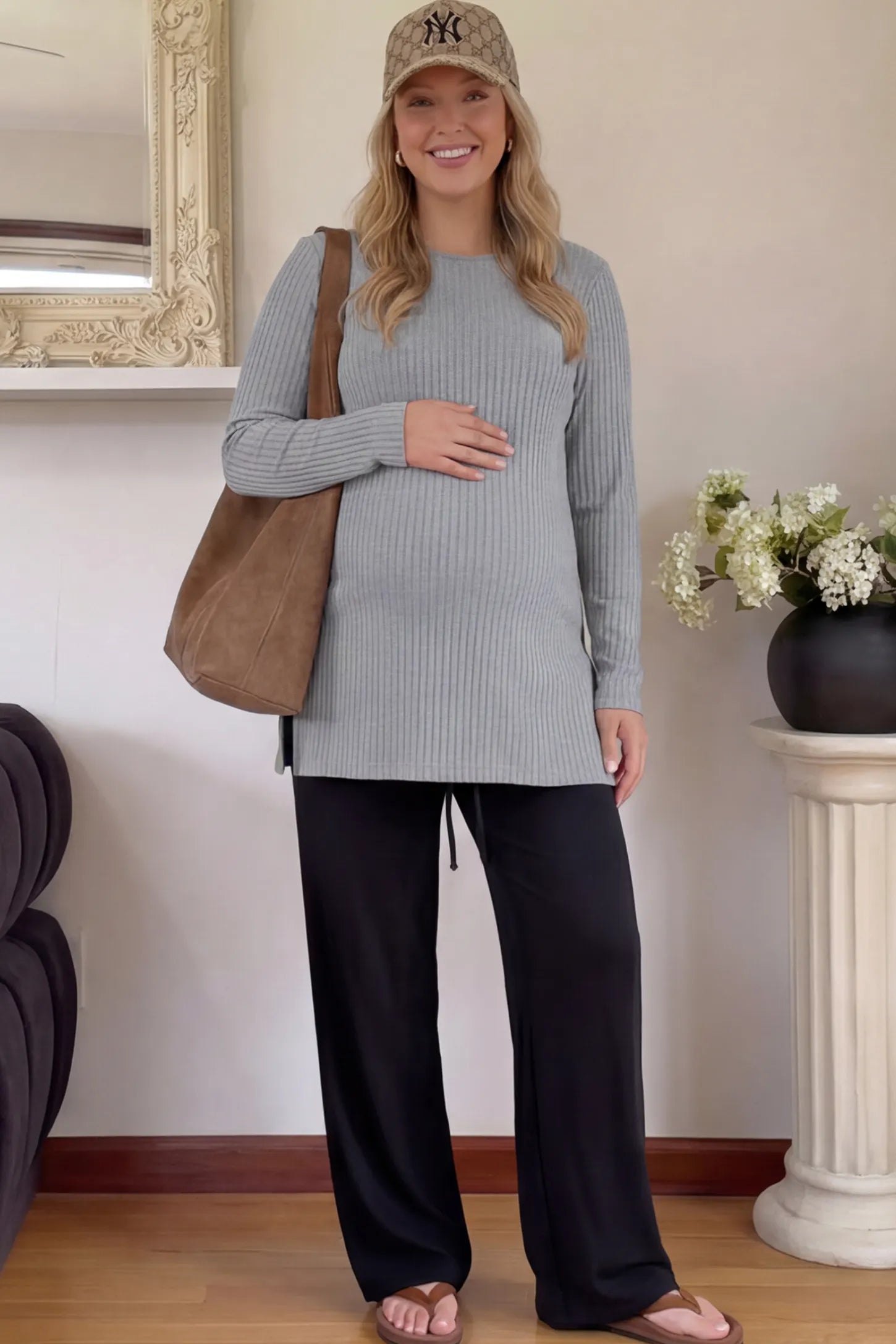 Ribbed Knit Long Sleeve Side Slit Maternity Top Ribbed Knit Side Slit Maternity Top in Gray featuring high-stretch fabric and tunic length on a pregnant woman.