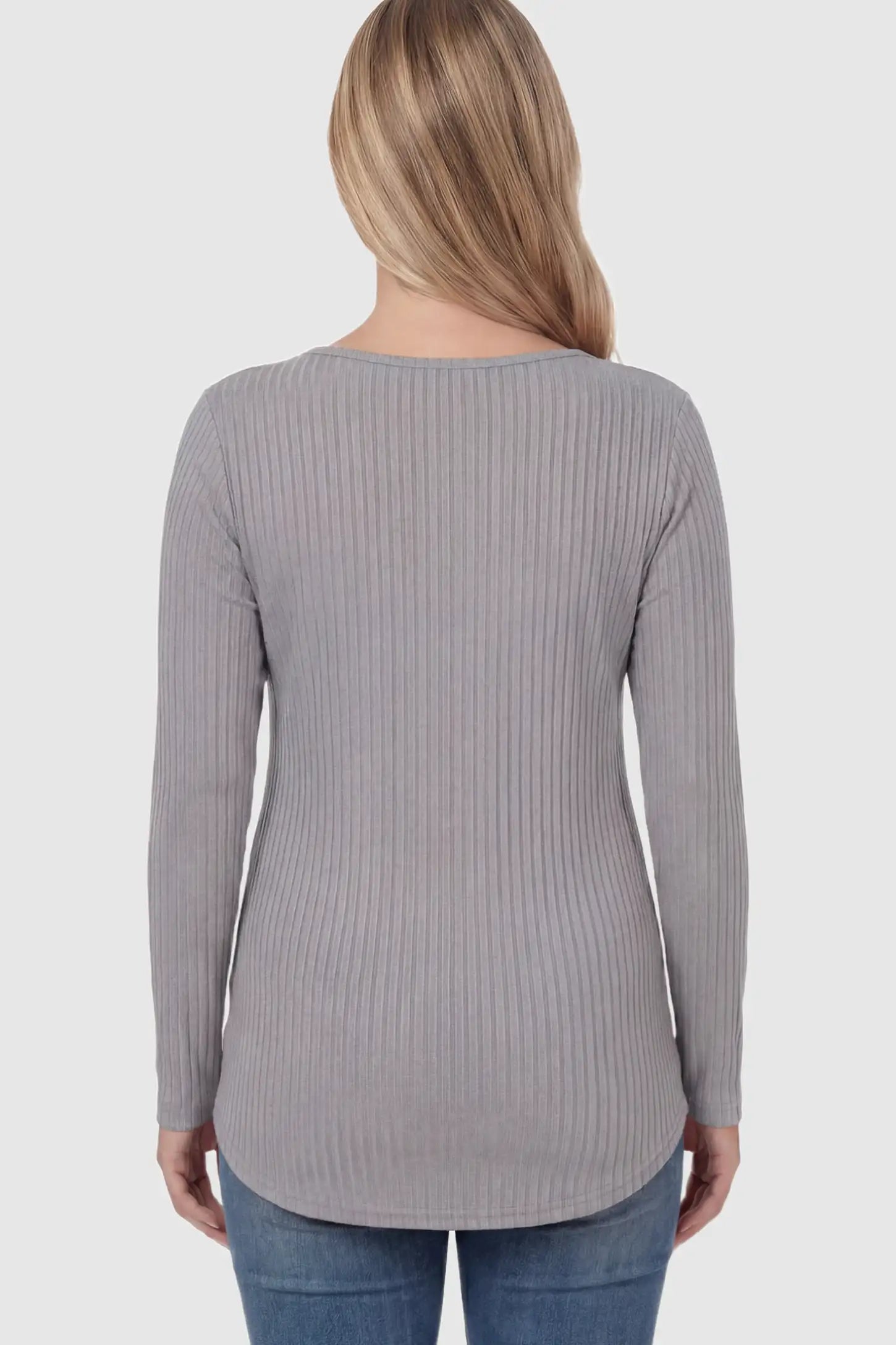 Ribbed Knit Long Sleeve Side Slit Maternity Top Ribbed Knit Side Slit Maternity Top in Gray featuring high-stretch fabric on a pregnant model showing back.
