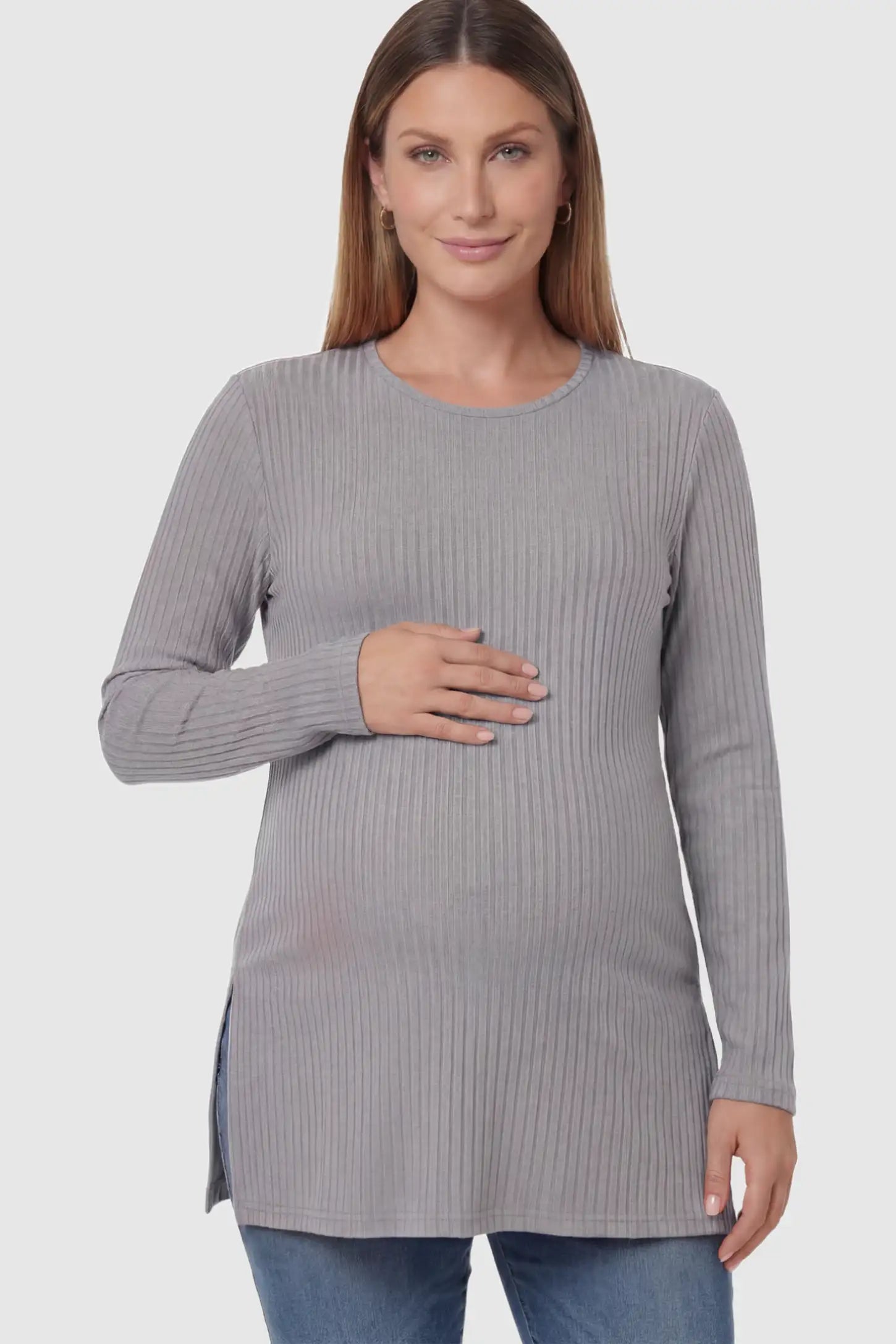 Ribbed Knit Long Sleeve Side Slit Maternity Top Ribbed Knit Side Slit Maternity Top in Gray featuring high-stretch fabric and tunic length on a pregnant model posing front.
