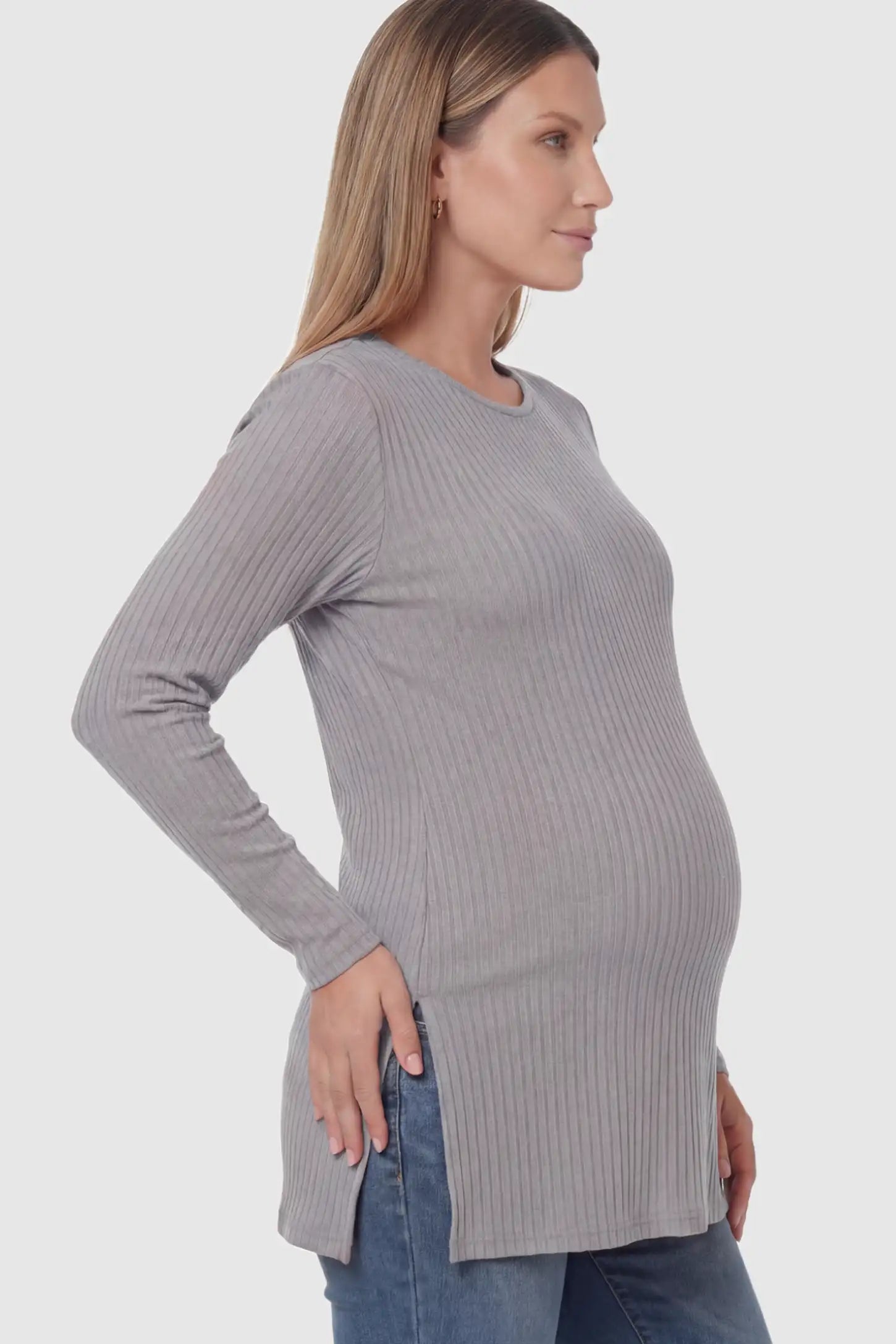 Ribbed Knit Long Sleeve Side Slit Maternity Top Ribbed Knit Side Slit Maternity Top in Gray featuring high-stretch fabric and tunic length on a pregnant model showing side.