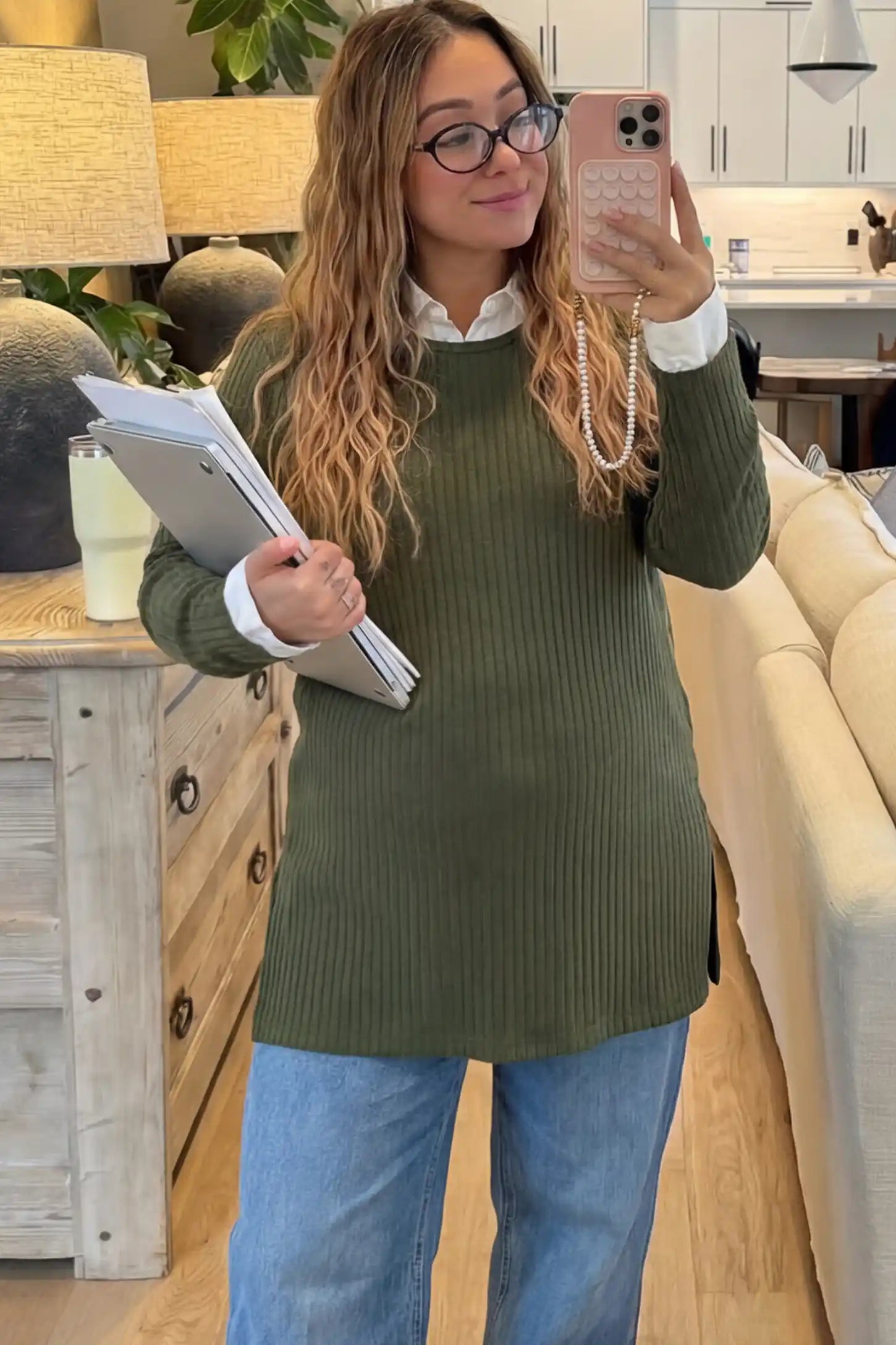 Ribbed Knit Long Sleeve Side Slit Maternity Top Ribbed Knit Side Slit Maternity Top in Green featuring high-stretch fabric and tunic length on a pregnant woman.