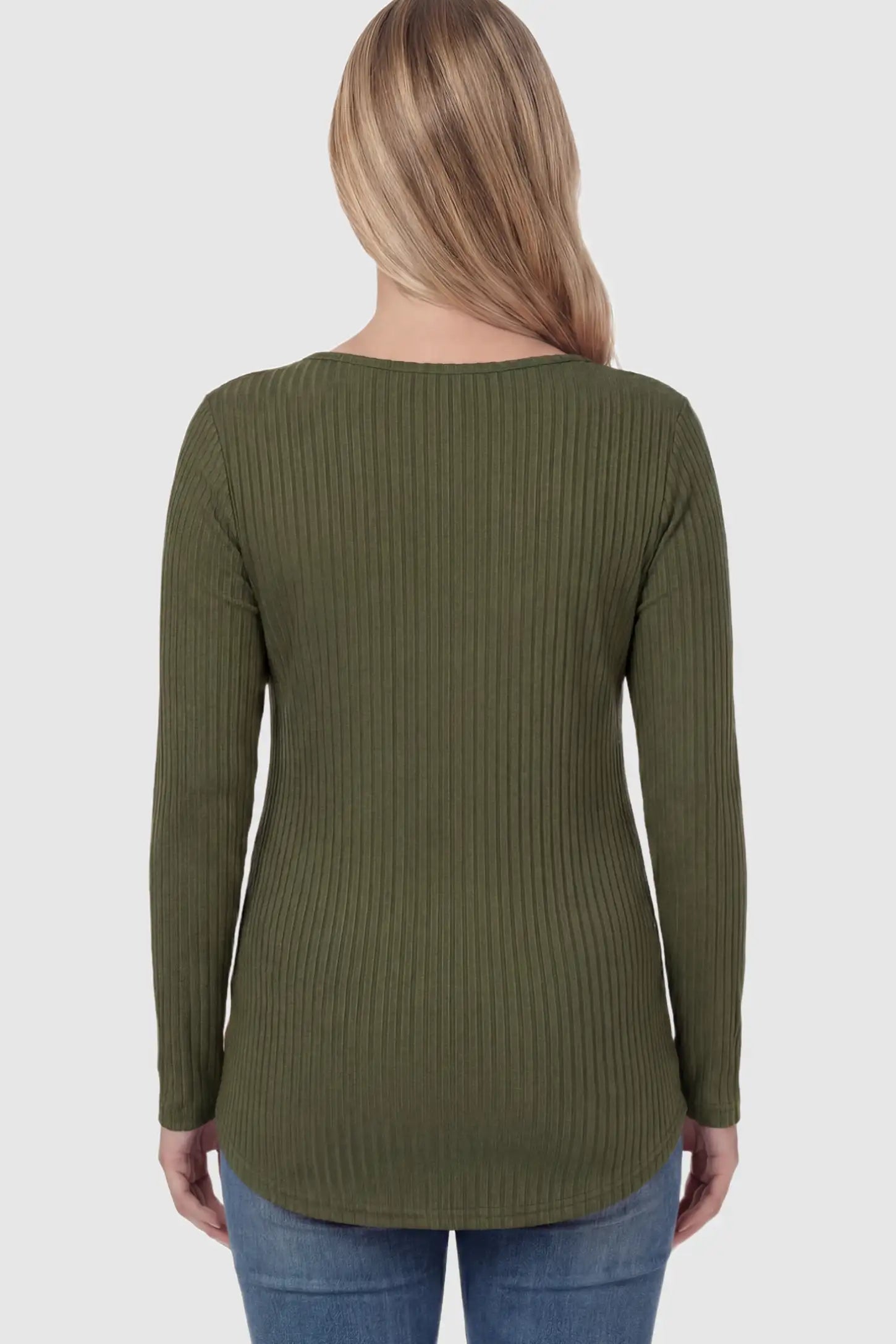 Ribbed Knit Long Sleeve Side Slit Maternity Top Ribbed Knit Side Slit Maternity Top in Green featuring high-stretch fabric on a pregnant model showing back.