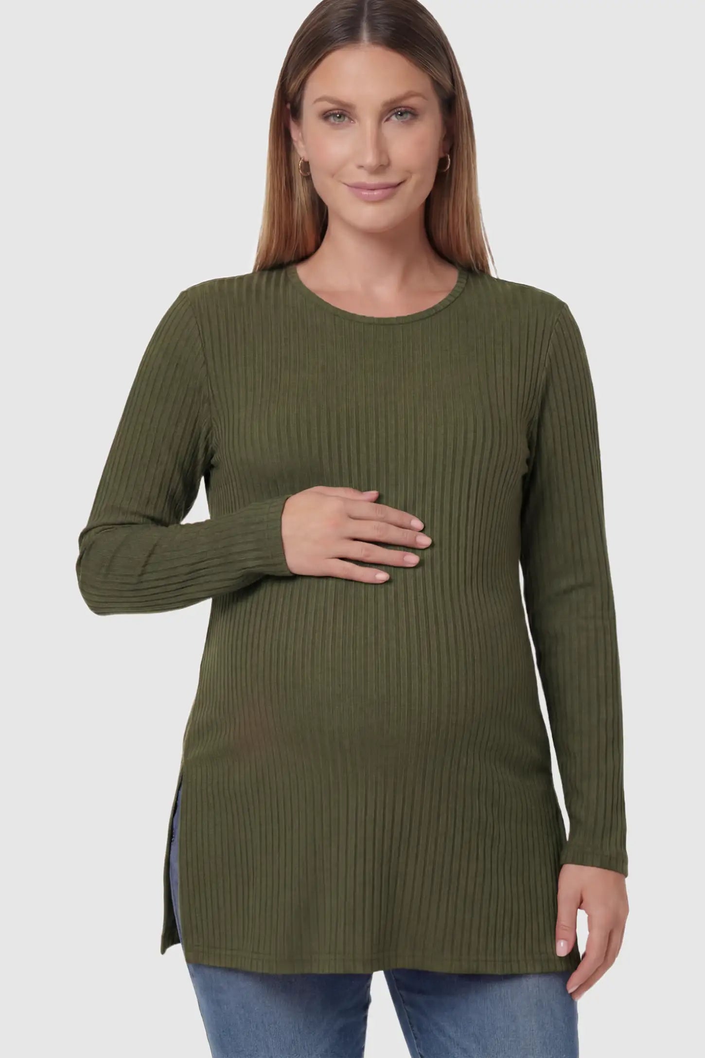 Ribbed Knit Long Sleeve Side Slit Maternity Top Ribbed Knit Side Slit Maternity Top in Green featuring high-stretch fabric and tunic length on a pregnant model posing front.