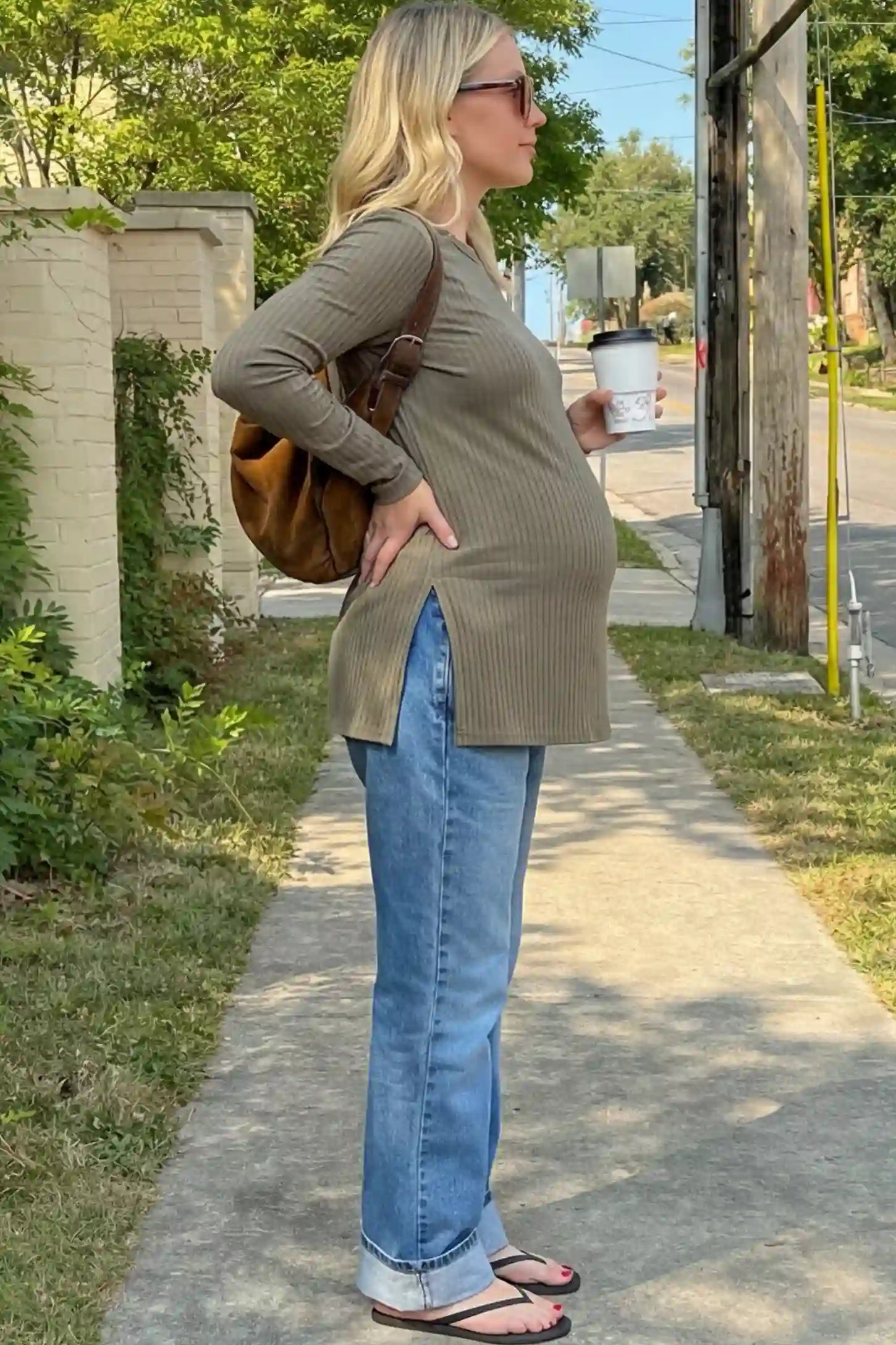 Ribbed Knit Long Sleeve Side Slit Maternity Top Ribbed Knit Side Slit Maternity Top in Khaki featuring high-stretch fabric and tunic length on a pregnant woman.