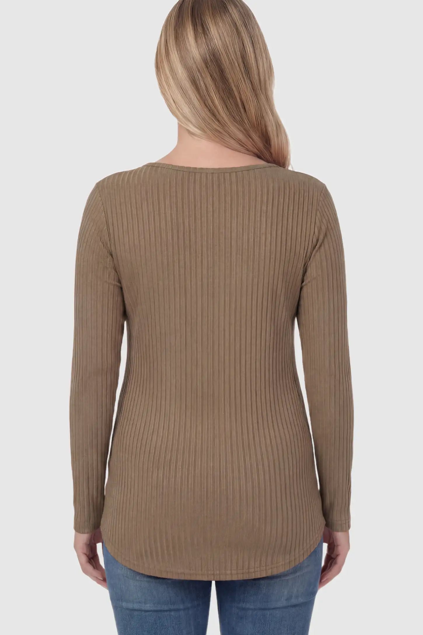 Ribbed Knit Long Sleeve Side Slit Maternity Top Ribbed Knit Side Slit Maternity Top in Khaki featuring high-stretch fabric on a pregnant model showing back.