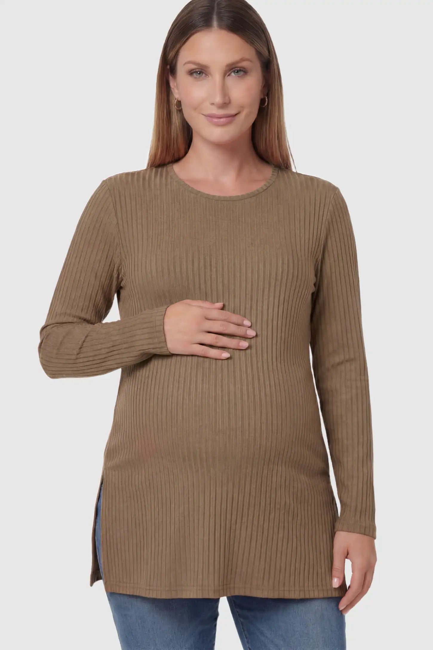 Ribbed Knit Long Sleeve Side Slit Maternity Top Ribbed Knit Side Slit Maternity Top in Khaki featuring high-stretch fabric and tunic length on a pregnant model posing front.
