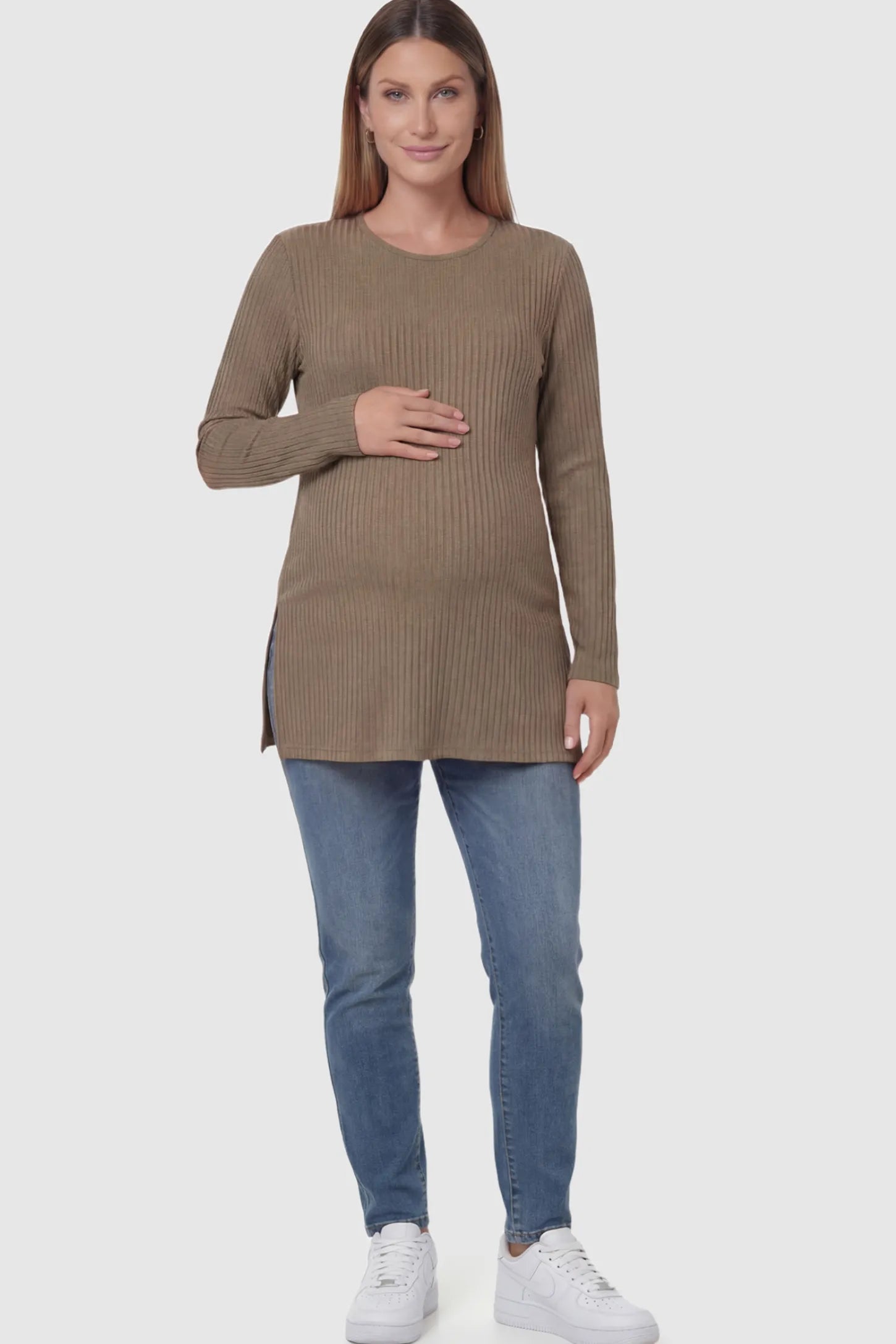 Ribbed Knit Long Sleeve Side Slit Maternity Top Ribbed Knit Side Slit Maternity Top in Khaki featuring high-stretch fabric and tunic length on a pregnant model showing front.