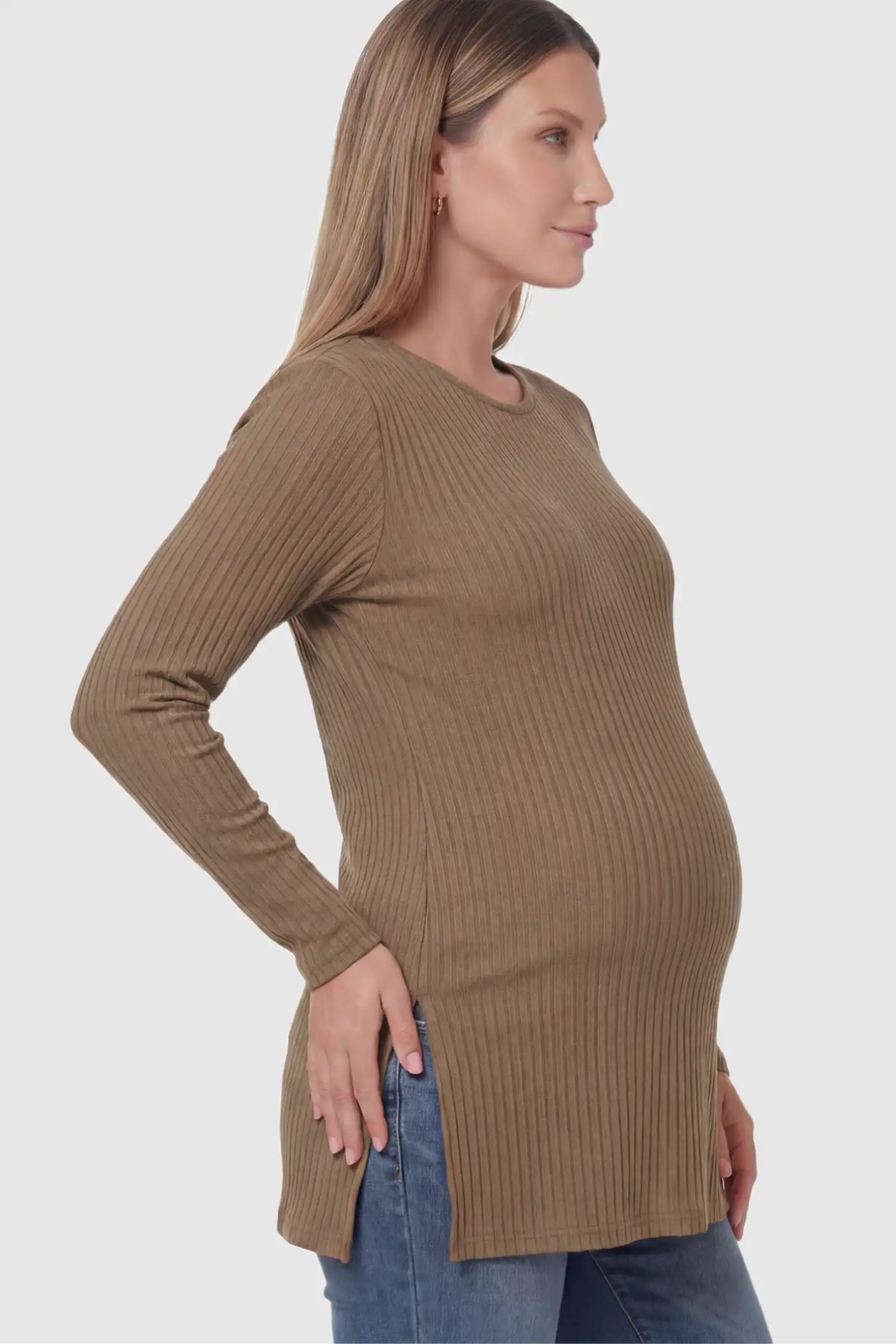 Ribbed Knit Long Sleeve Side Slit Maternity Top Ribbed Knit Side Slit Maternity Top in Khaki featuring high-stretch fabric and tunic length on a pregnant model showing side.