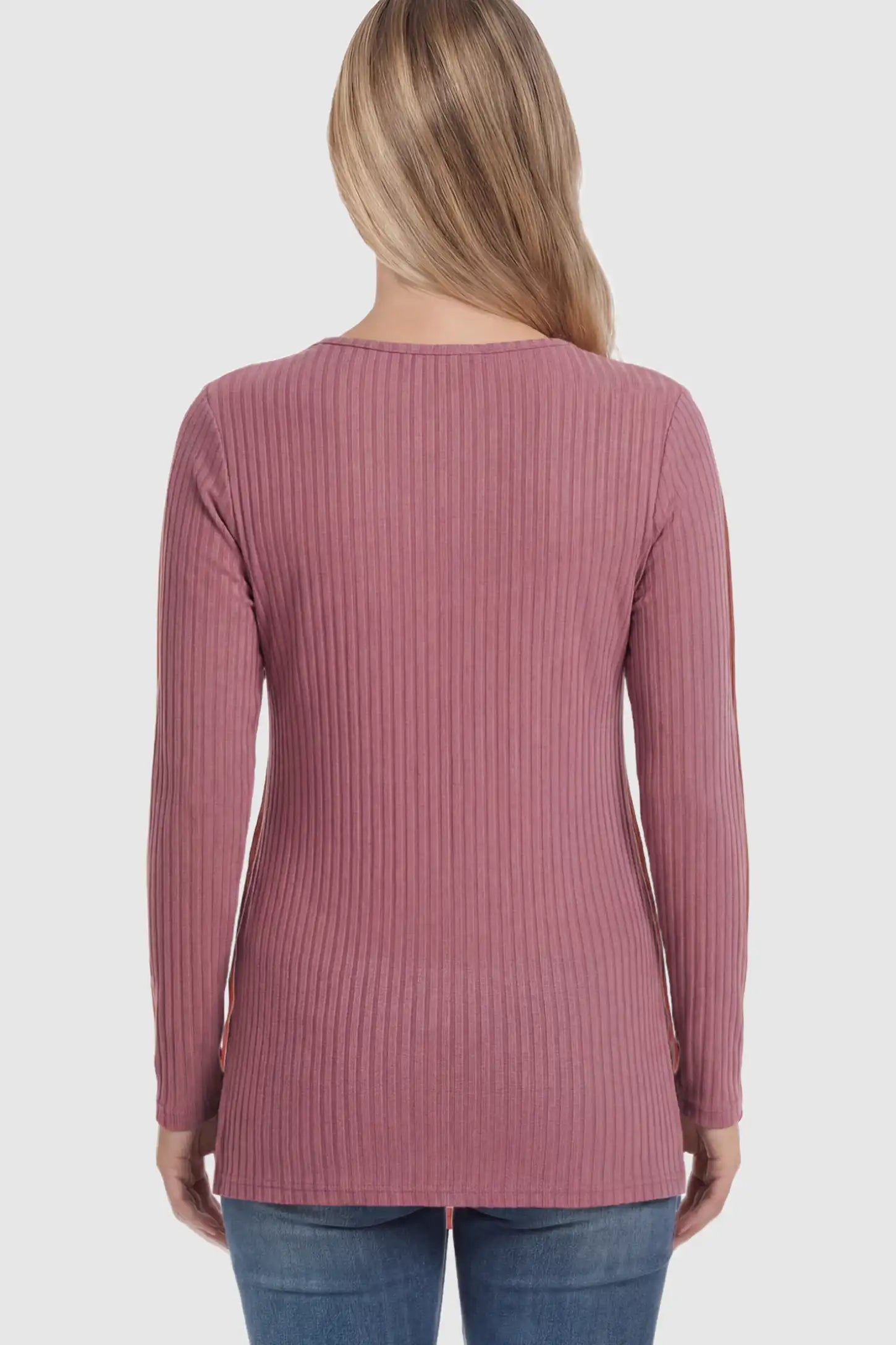Ribbed Knit Long Sleeve Side Slit Maternity Top Ribbed Knit Side Slit Maternity Top in Pink featuring high-stretch fabric on a pregnant model showing back.