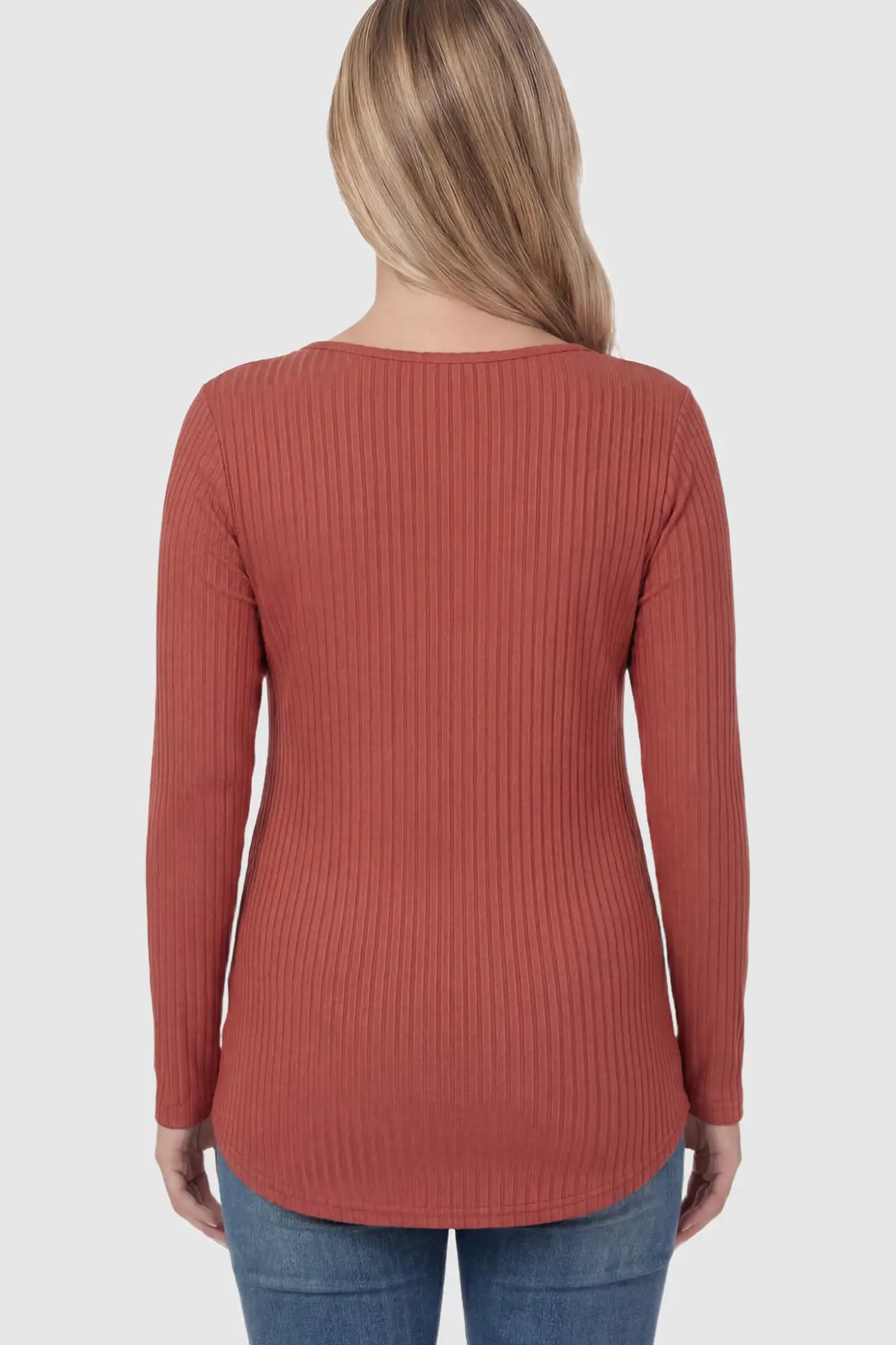 Ribbed Knit Long Sleeve Side Slit Maternity Top Ribbed Knit Side Slit Maternity Top in Red featuring high-stretch fabric on a pregnant model showing back.