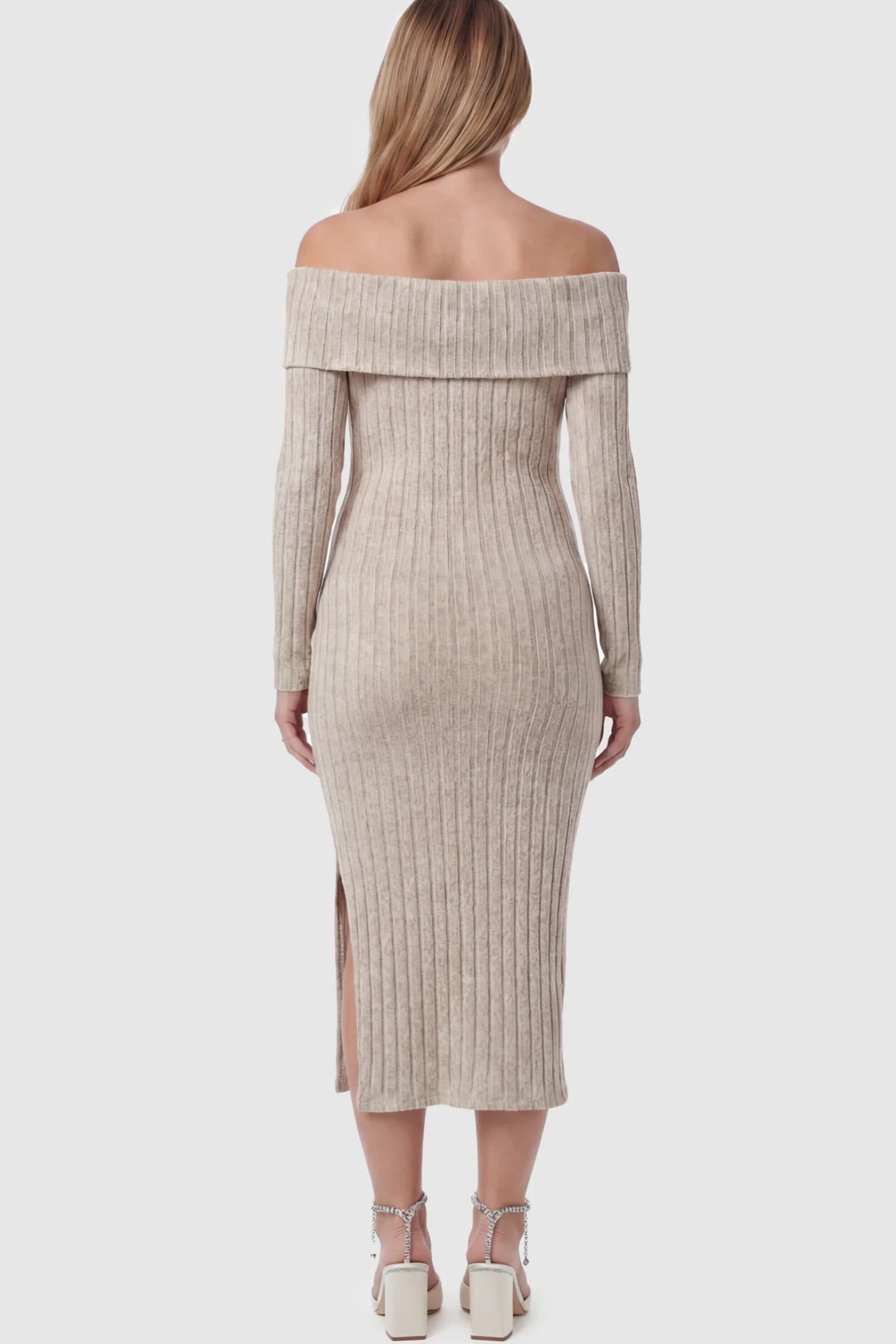 Ribbed Knit Off Shoulder Side Slit Maternity Midi Dress Ribbed Knit Side Slit Off Shoulder Maternity Midi Dress in Apricot featuring a fold-over neckline on a pregnant model showing back.