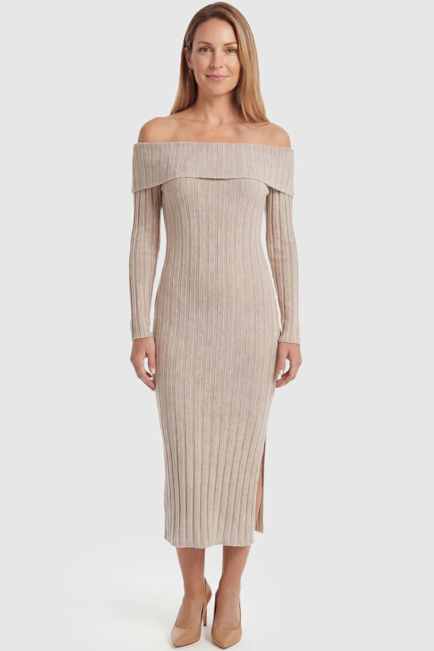 Ribbed Knit Off Shoulder Side Slit Maternity Midi Dress Ribbed Knit Side Slit Off Shoulder Maternity Midi Dress in Apricot featuring a fold-over neckline on a postpartum model showing front.