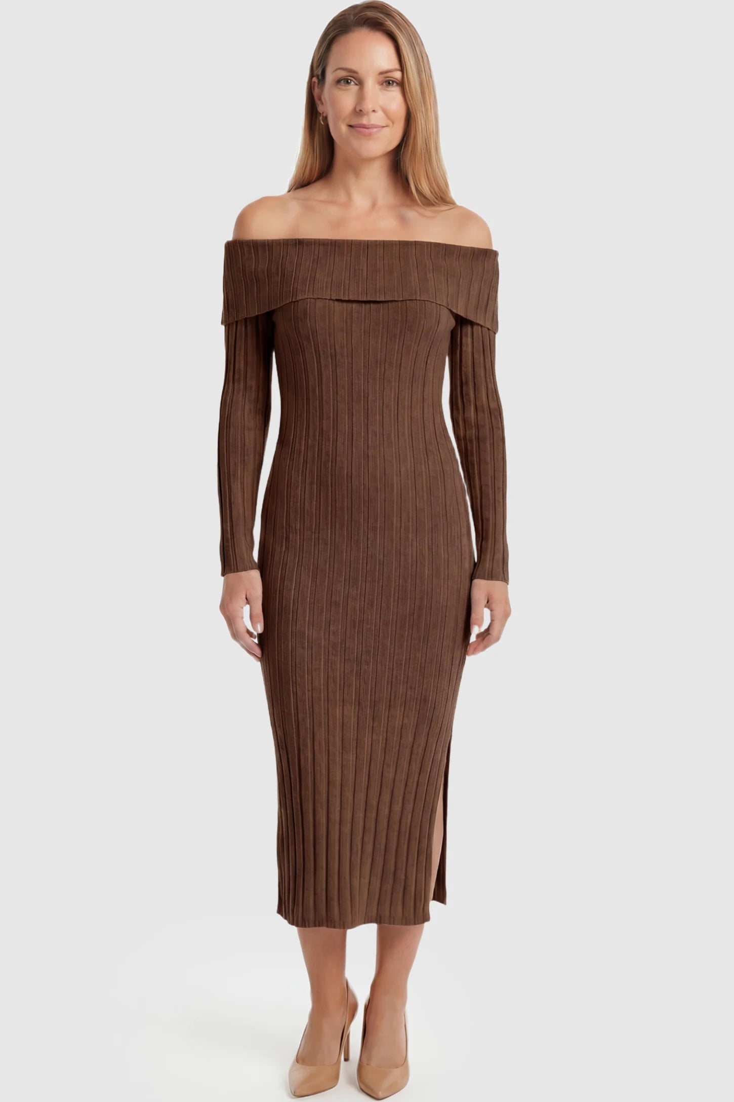 Ribbed Knit Off Shoulder Side Slit Maternity Midi Dress Ribbed Knit Side Slit Off Shoulder Maternity Midi Dress in Brown featuring a fold-over neckline on a postpartum model showing front.