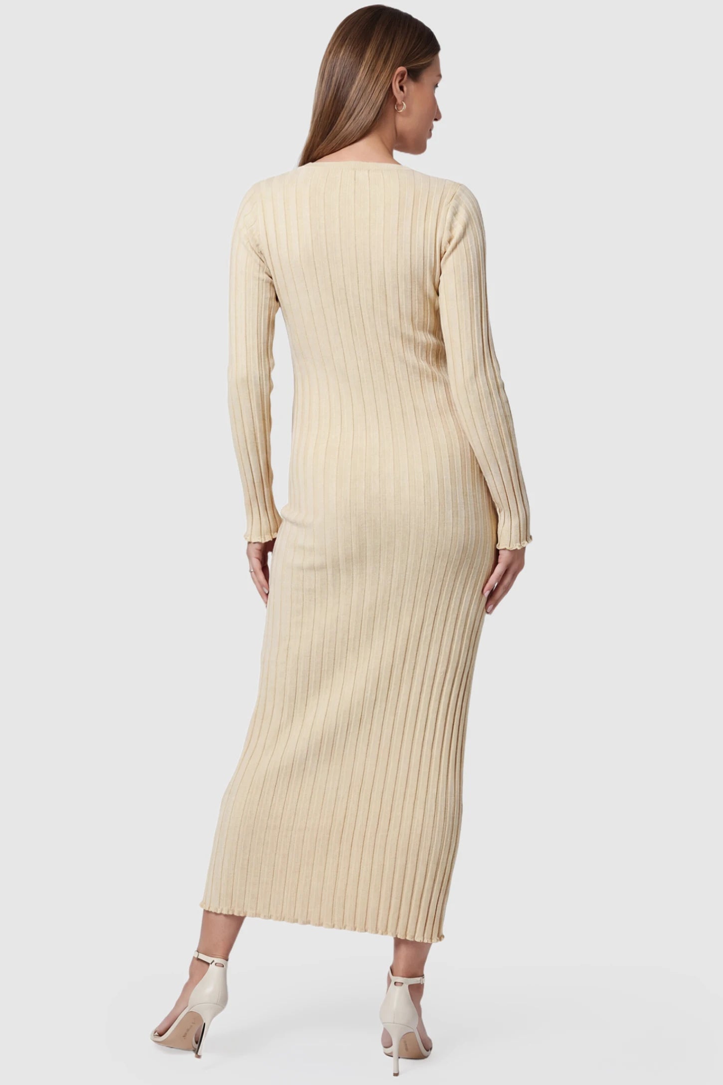 Ribbed Knit V-Neck Tie Waist Maternity Maxi Dress Ribbed Knit V-Neck Maternity Maxi Dress in Beige featuring high stretch and long sleeves on a pregnant model, back view.