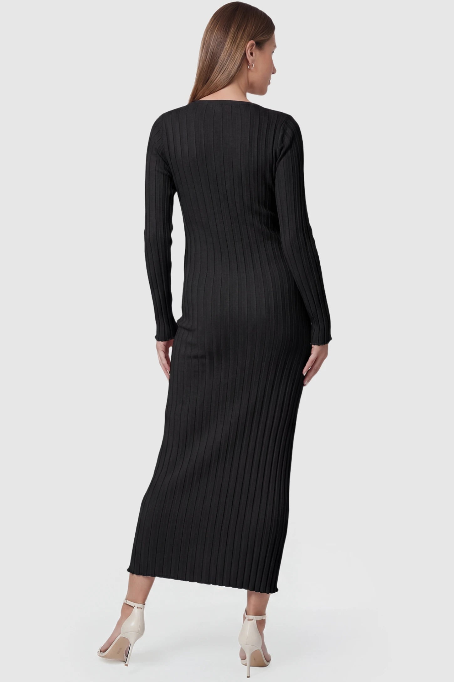 Ribbed Knit V-Neck Tie Waist Maternity Maxi Dress Ribbed Knit V-Neck Maternity Maxi Dress in Black featuring high stretch and long sleeves on a pregnant model, back view.