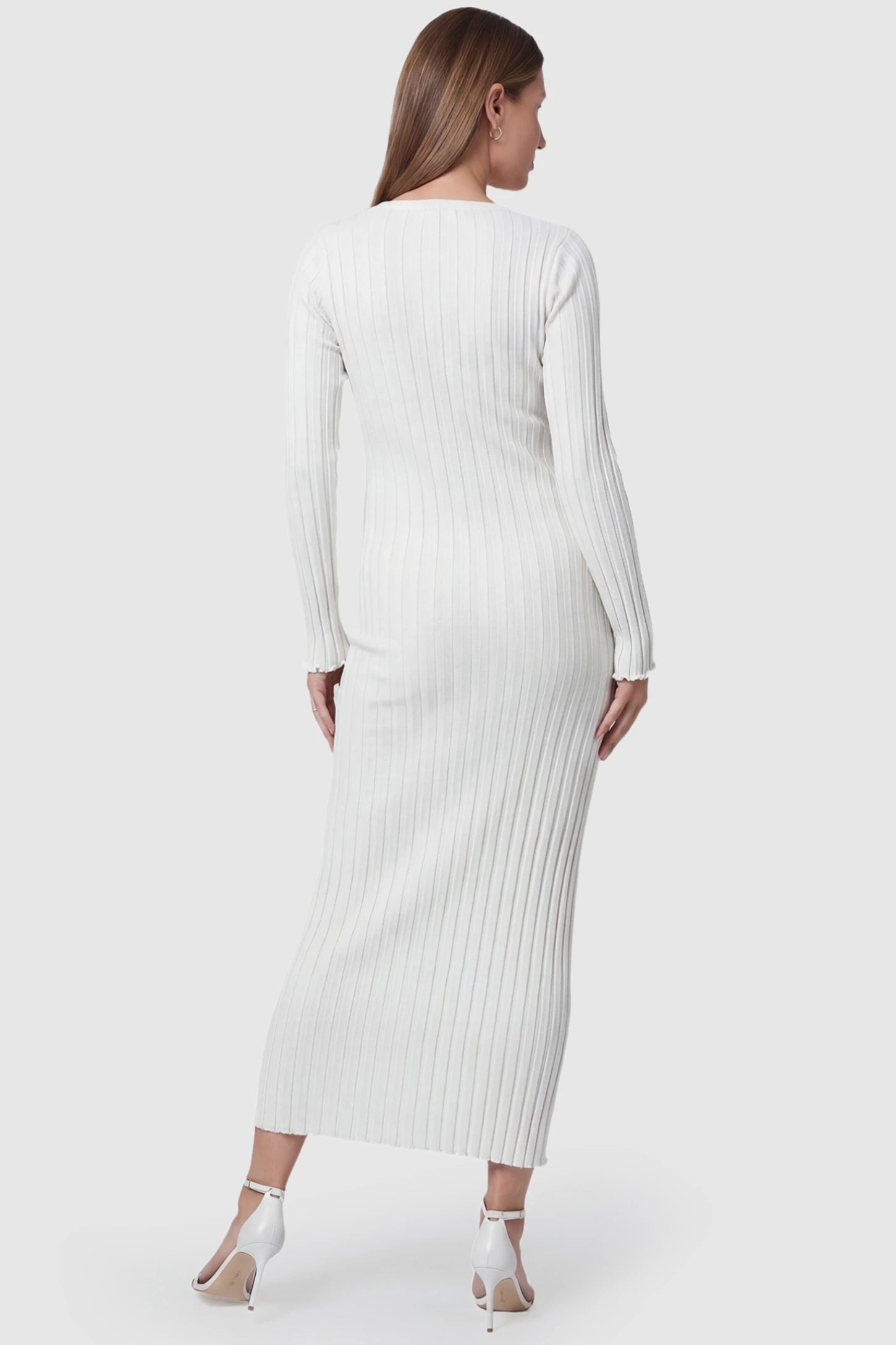 Ribbed Knit V-Neck Tie Waist Maternity Maxi Dress Ribbed Knit V-Neck Maternity Maxi Dress in White featuring high stretch and long sleeves on a pregnant model, back view.