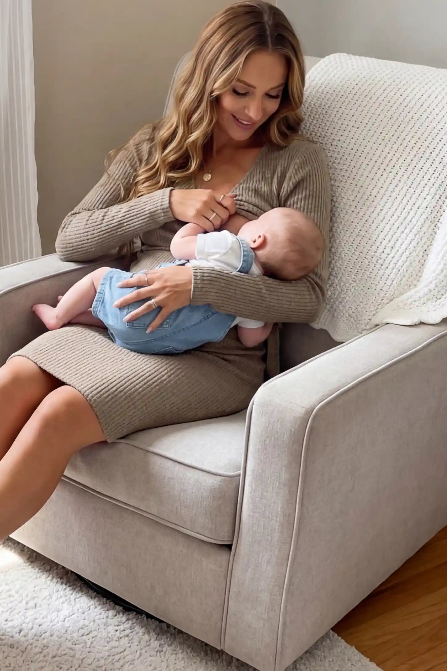 Ribbed Knit Wrap-Front Long Sleeve Maternity & Nursing Dress Ribbed Knit Wrap-Front Long Sleeve Maternity & Nursing Midi Dress in khaki featuring functional nursing access on a model.