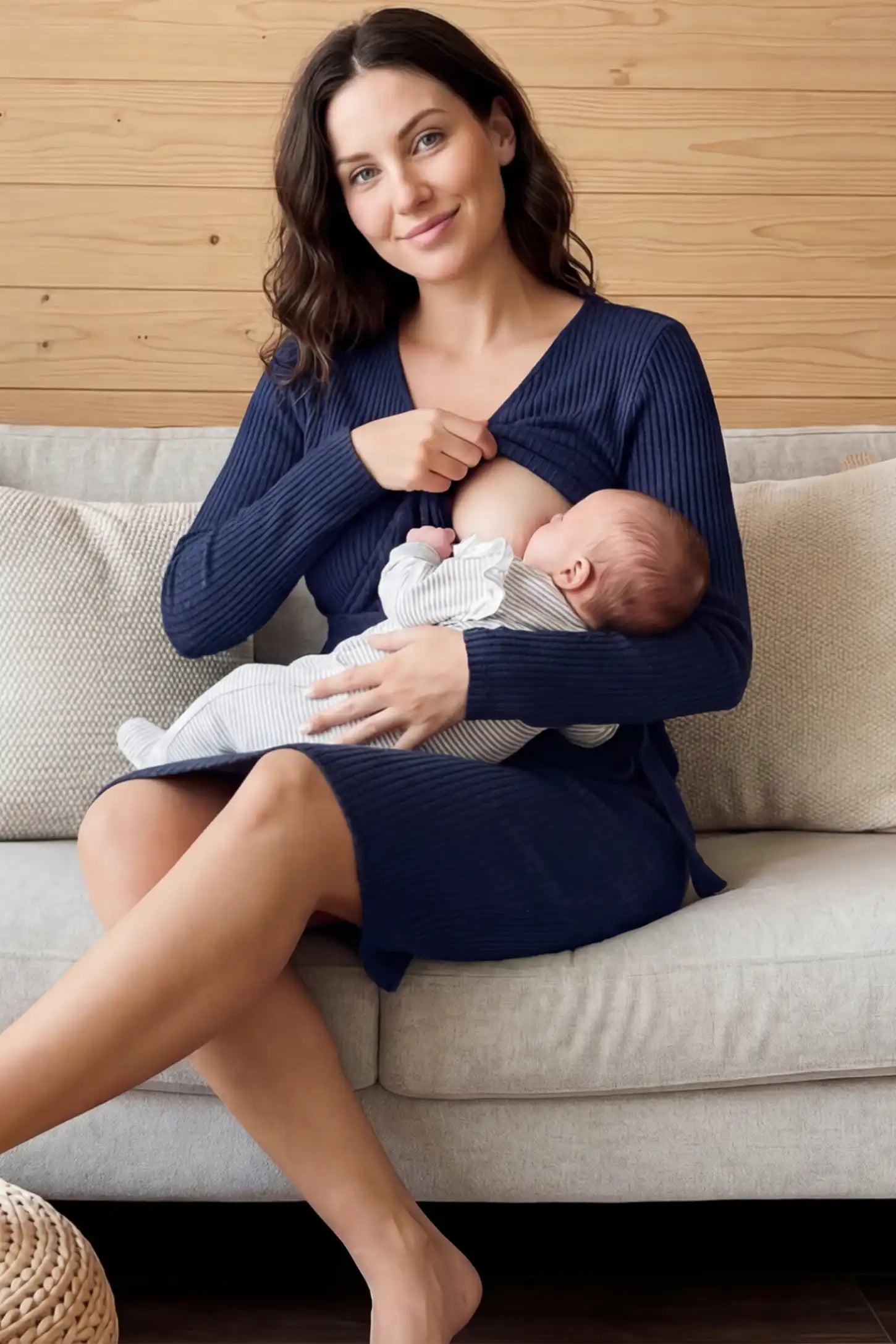 Ribbed Knit Wrap-Front Long Sleeve Maternity & Nursing Dress Ribbed Knit Wrap-Front Long Sleeve Maternity & Nursing Dress in Dark blue featuring nursing access on a woman in indoor setting, front view.