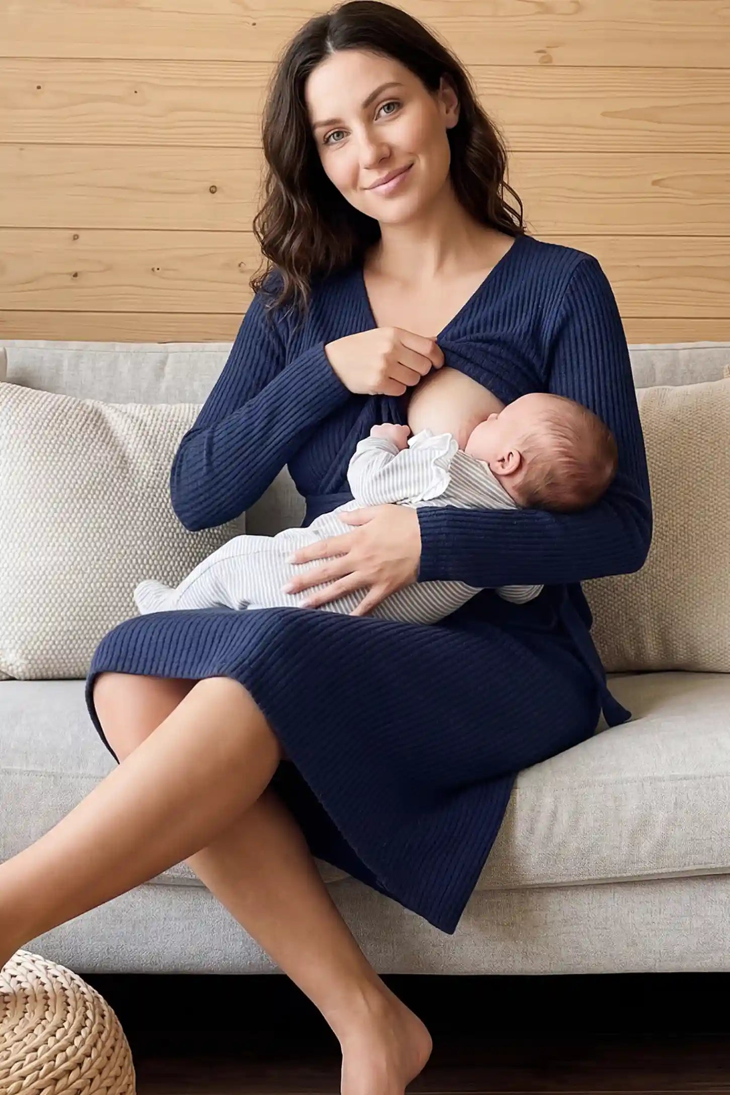 Ribbed Knit Wrap-Front Long Sleeve Maternity & Nursing Dress Ribbed Knit Wrap-Front Long Sleeve Maternity & Nursing Midi Dress in dark blue featuring functional nursing access on a model.