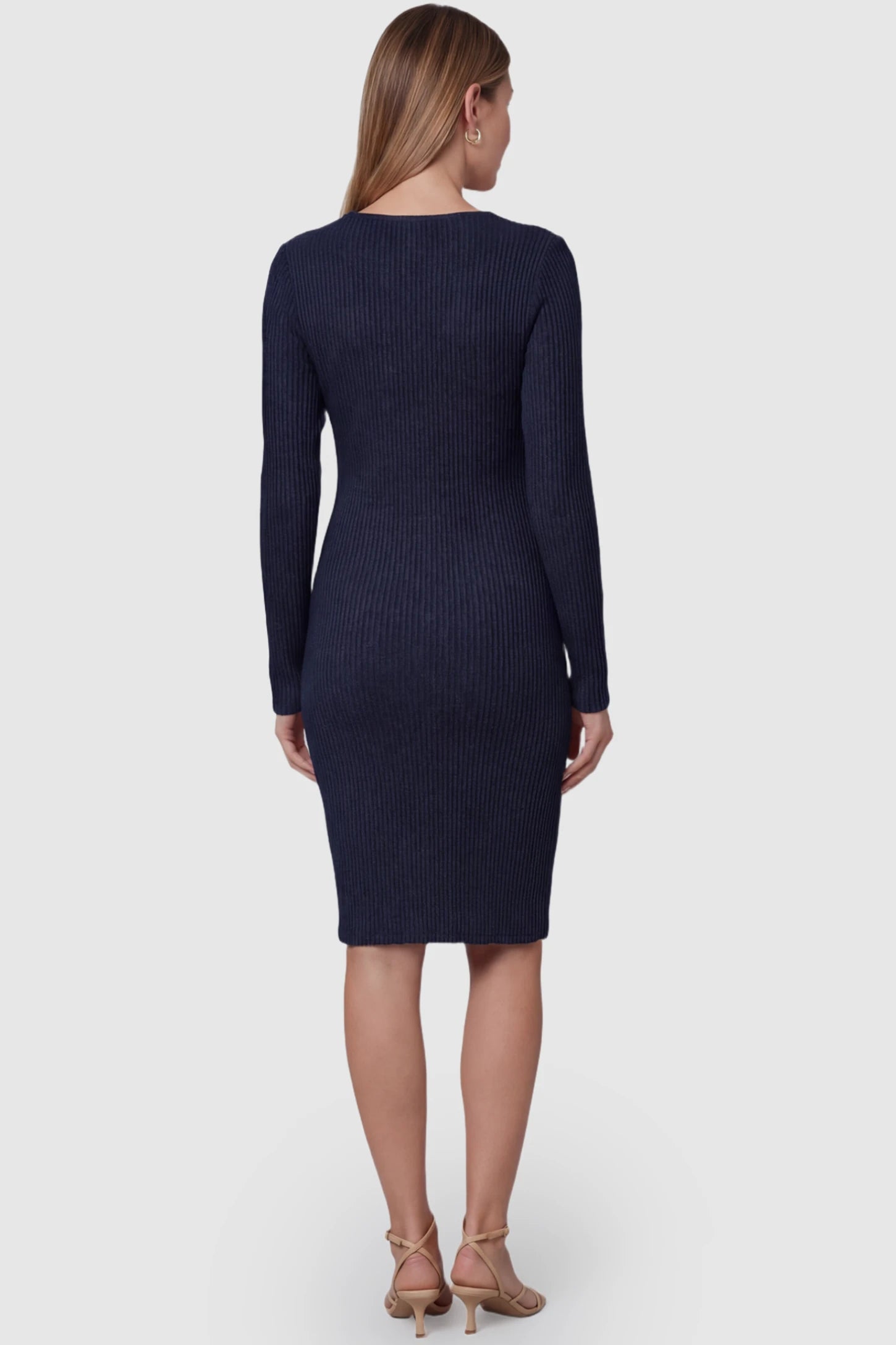 Ribbed Knit Wrap-Front Long Sleeve Maternity & Nursing Dress Ribbed Knit Wrap-Front Long Sleeve Maternity & Nursing Dress in Dark Blue featuring high stretch ribbed knit on a pregnant model, back view.