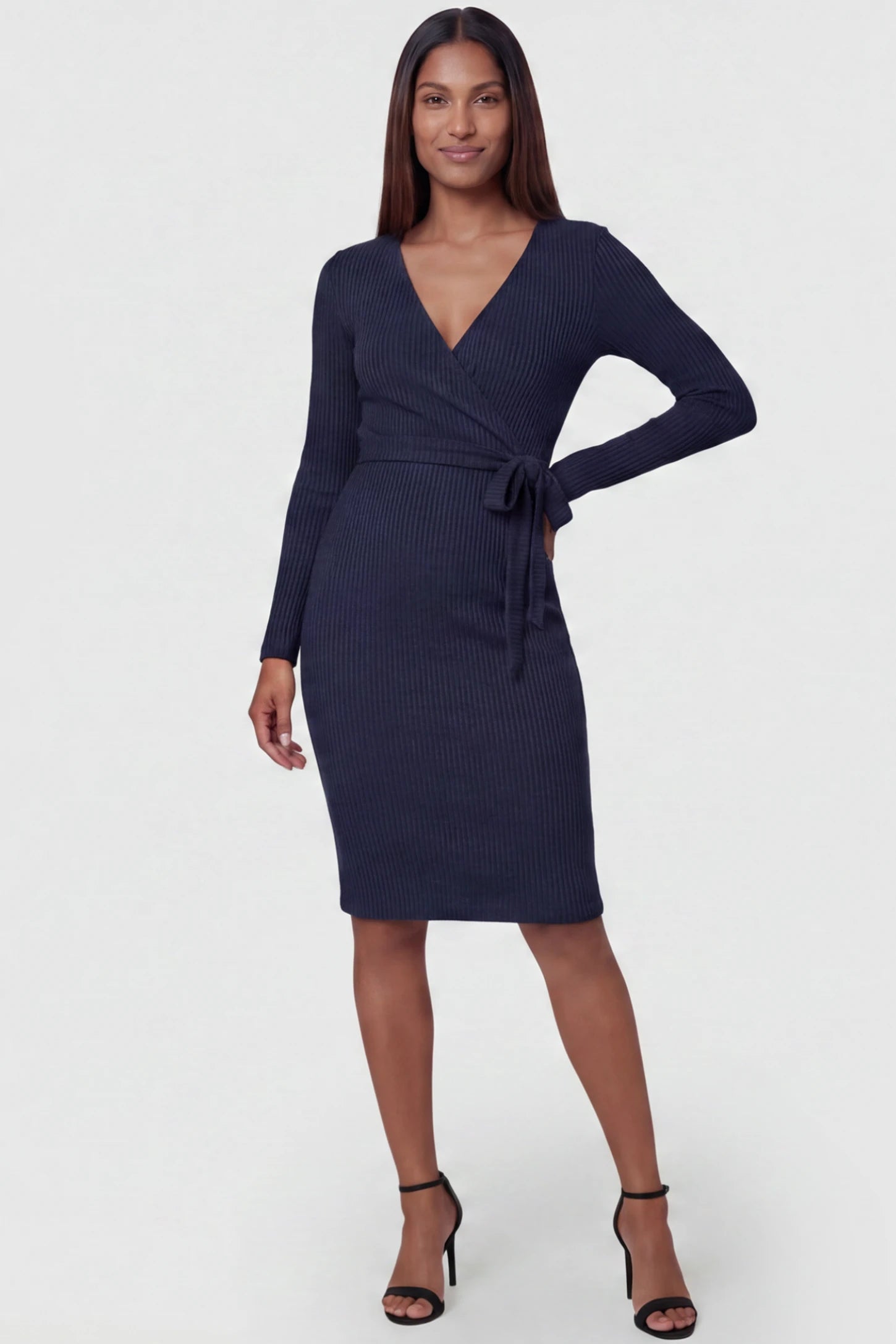 Ribbed Knit Wrap-Front Long Sleeve Maternity & Nursing Dress Ribbed Knit Wrap-Front Long Sleeve Maternity & Nursing Dress in Dark Blue featuring functional wrap bodice on a postpartum model, front view.