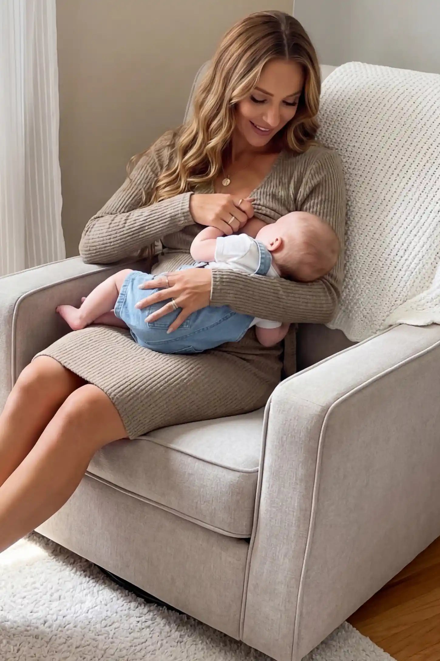 Ribbed Knit Wrap-Front Long Sleeve Maternity & Nursing Dress Ribbed Knit Wrap-Front Long Sleeve Maternity & Nursing Dress in Khaki featuring nursing access on a woman in indoor setting, side view.