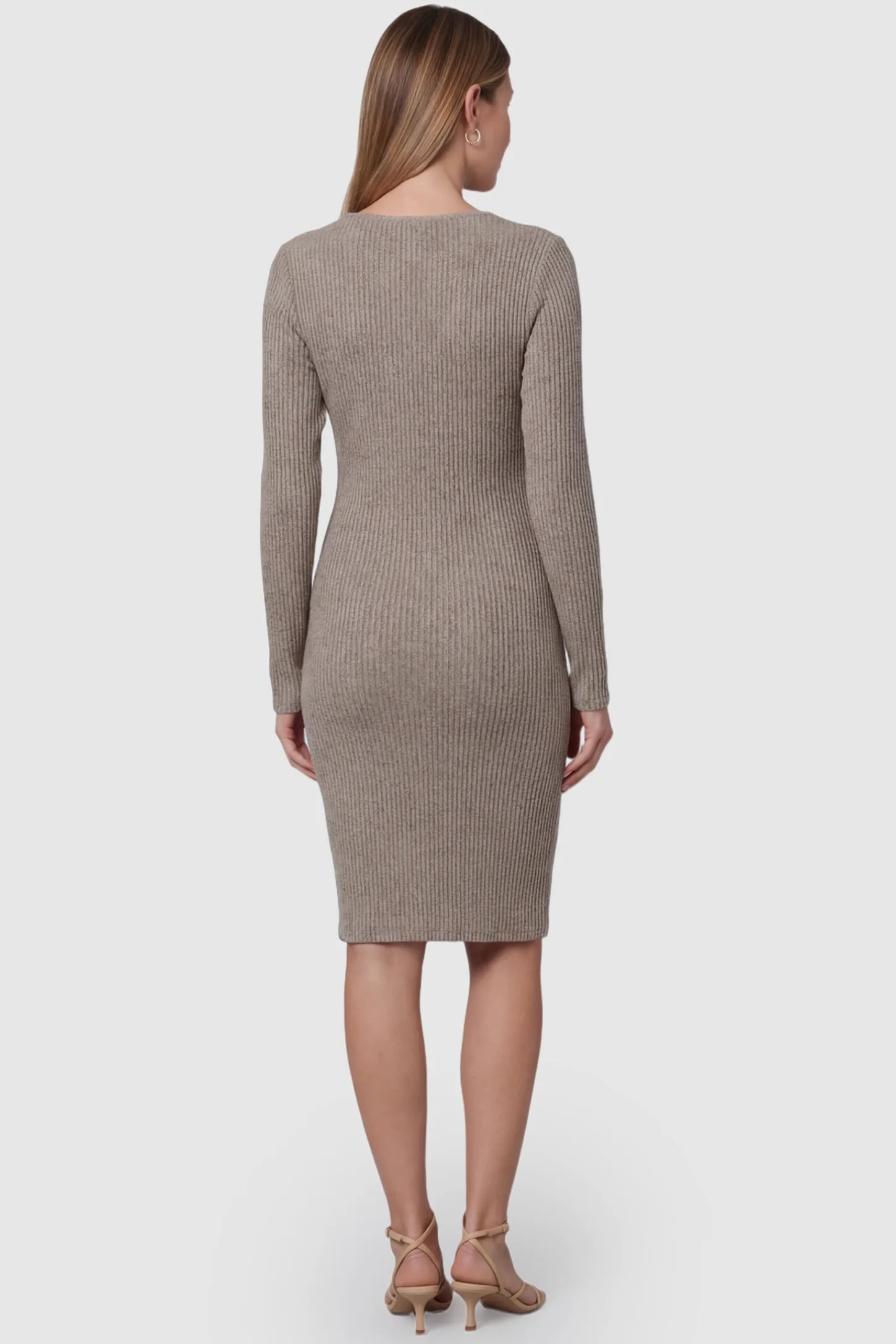 Ribbed Knit Wrap-Front Long Sleeve Maternity & Nursing Dress Ribbed Knit Wrap-Front Long Sleeve Maternity & Nursing Dress in Khaki featuring high stretch ribbed knit on a pregnant model, back view.