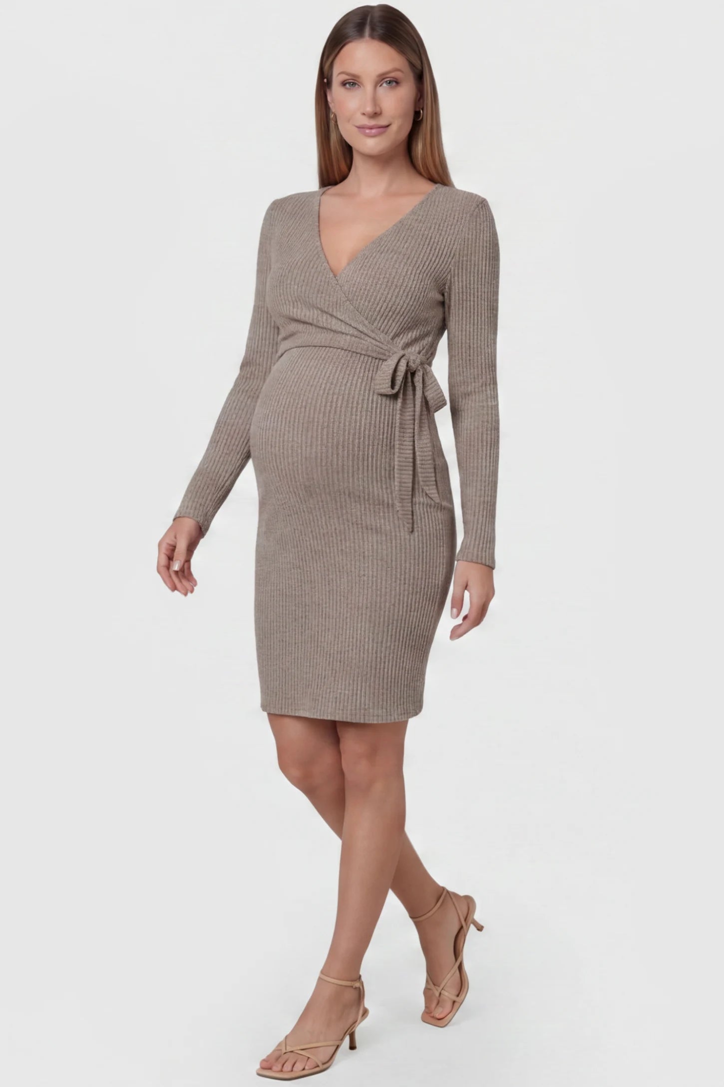 Ribbed Knit Wrap-Front Long Sleeve Maternity & Nursing Dress Ribbed Knit Wrap-Front Long Sleeve Maternity & Nursing Dress in Khaki featuring functional wrap bodice on a pregnant model, front view.