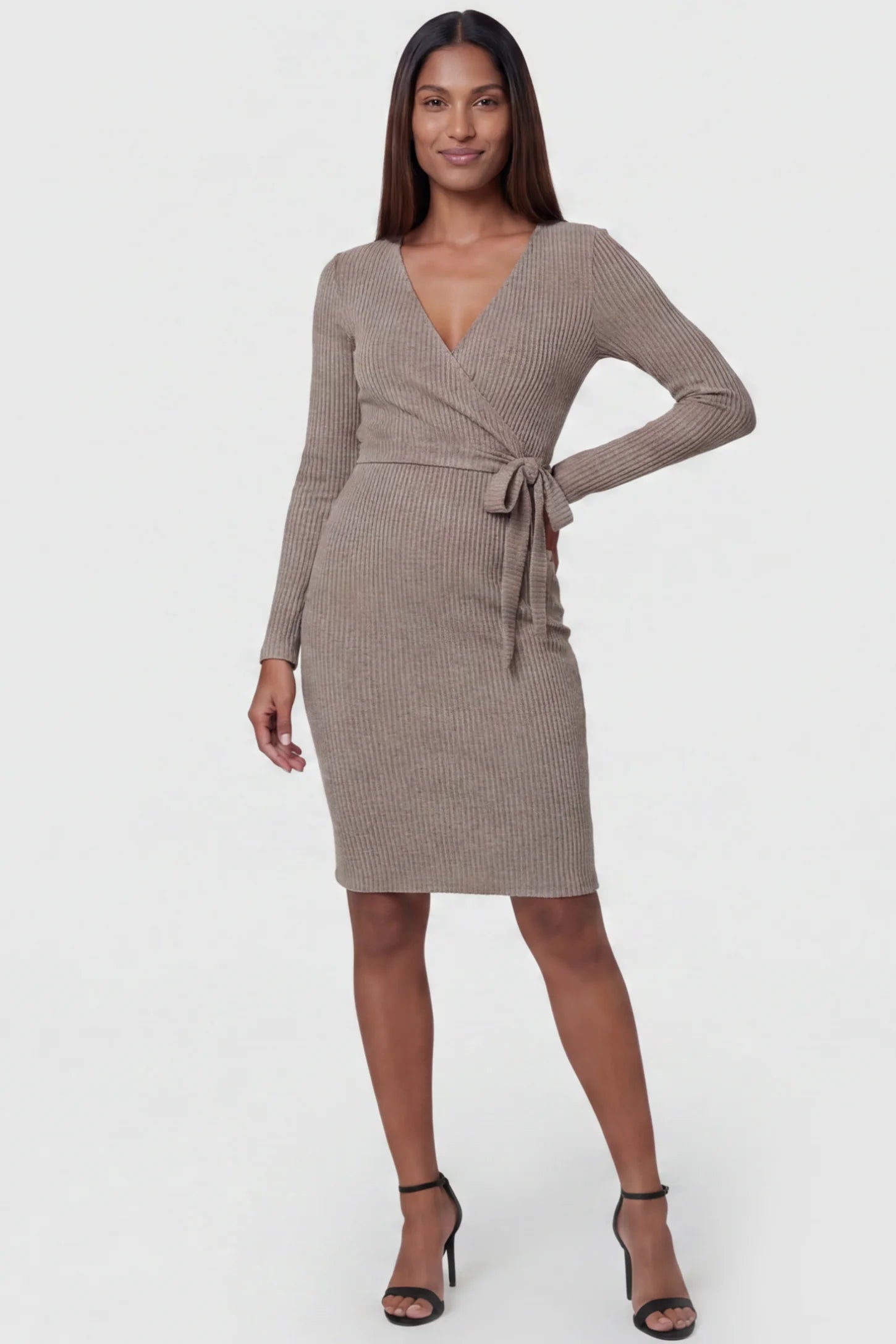 Ribbed Knit Wrap-Front Long Sleeve Maternity & Nursing Dress Ribbed Knit Wrap-Front Long Sleeve Maternity & Nursing Dress in Khaki featuring functional wrap bodice on a postpartum model, front view.