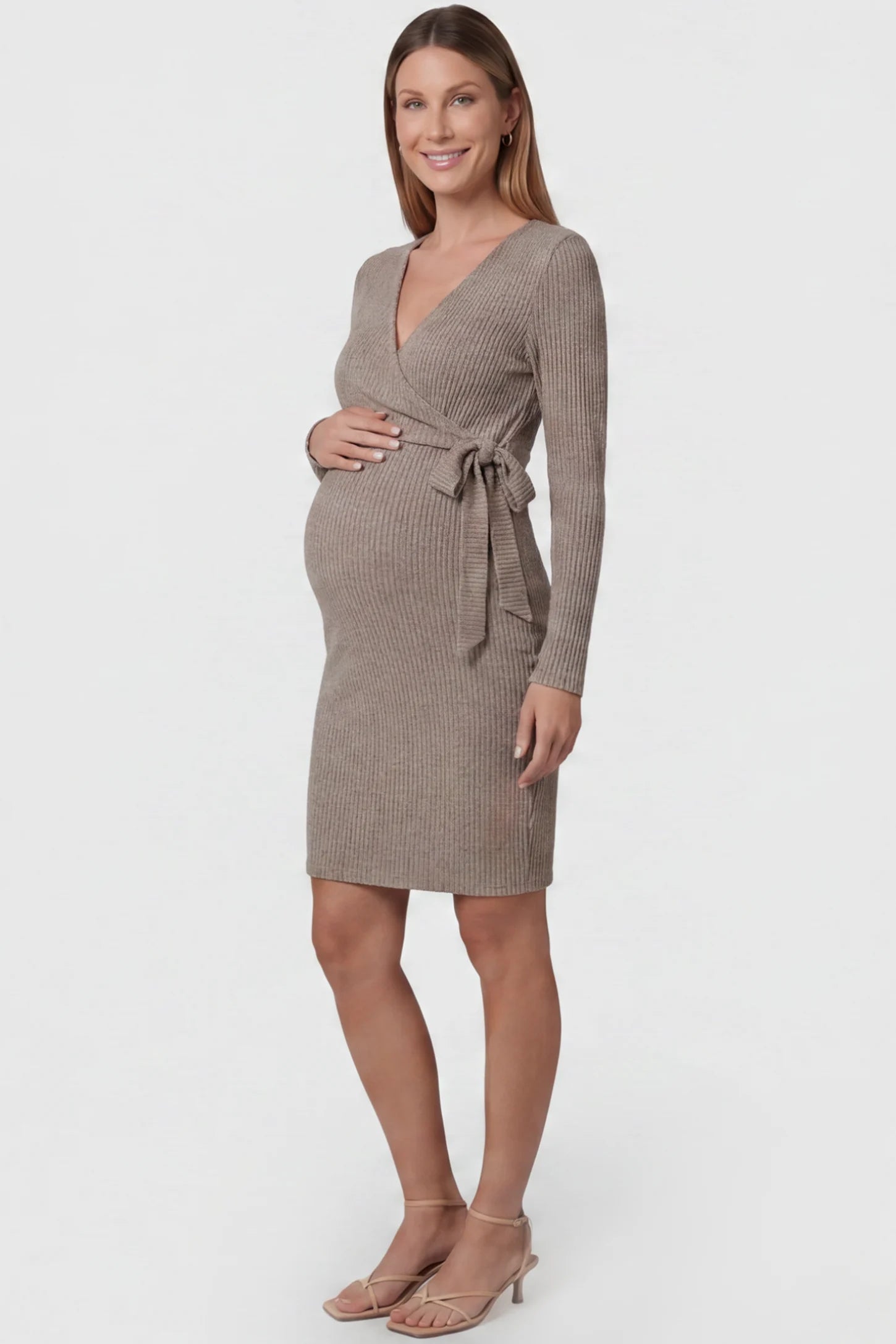 Ribbed Knit Wrap-Front Long Sleeve Maternity & Nursing Dress Ribbed Knit Wrap-Front Long Sleeve Maternity & Nursing Dress in Khaki featuring functional wrap bodice on a pregnant model, side view.