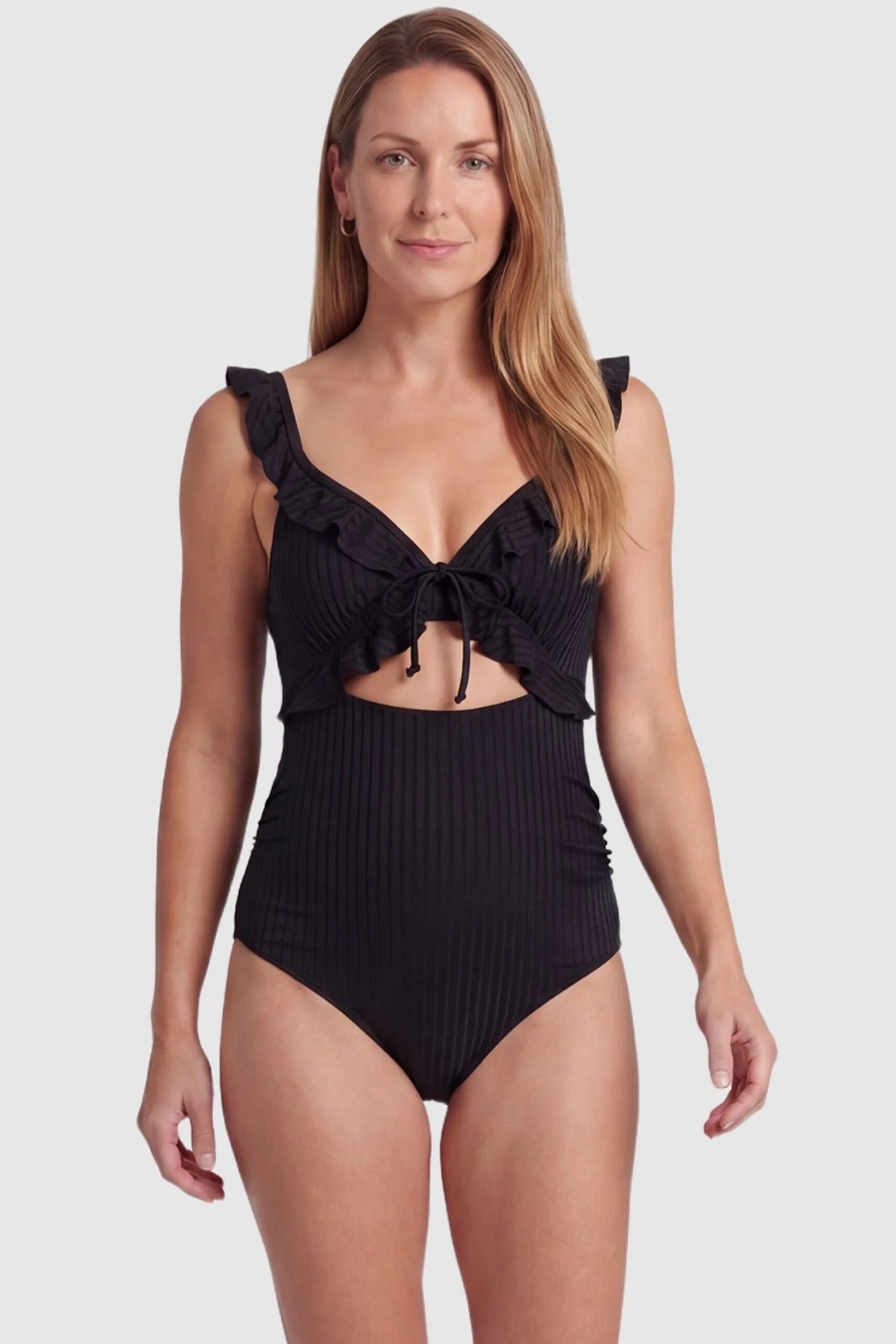 Ribbed Lace-Up Back Maternity One-Piece Front view of the Ribbed Lace-Up Back Maternity One-Piece in Black featuring a supportive fit on a non-pregnant model.